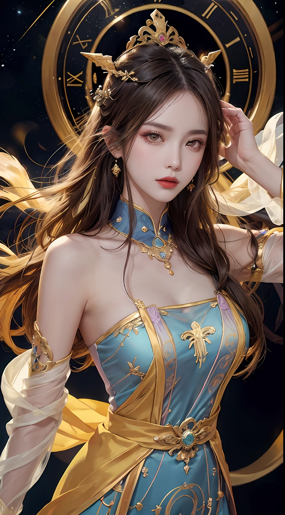1 27-year-old girl, 1 zodiac goddess from the future, goddess of the pink and purple 12 zodiacs, the goddess of the zodiac in a yellow ao dai, a 12 zodiac ao dai with many black lace detail, mythology Goddess of the 12 zodiacs from the future, zodiac ♏, luxurious glittering zodiac style, dark and mysterious version, zodiac crown, lipstick lips red, thin and beautiful lips, Smile makes viewers fall in love, characters made by karol bak and pino daeni, intricate detail, detailed background, extremely detailed, light magic, a woman, clear face, look at the face of goddess zodialook at the zodiac goddess face, hair long with bangs, beautiful face in detail and well-proportioned eyes, (transparent yellow eyes: 1.8), big round eyes and very beautiful and detailed makeup, foresight, silk dress, mysterious makeup, double bangs and dyed light blonde, uper body, zodiac goddess uper body, arms hanging loosely, Realistic and vivid photo, (stars make up the zodiac: 1.7), (sky background zodiac and fictitious space and time portal: 1.8), fiction art, RAW photo, hanfu picture, best photo, best photo quality, 8k quality, 8k ultra, super realistic, real photo most economical, artistic portrait of goddess zodiac,