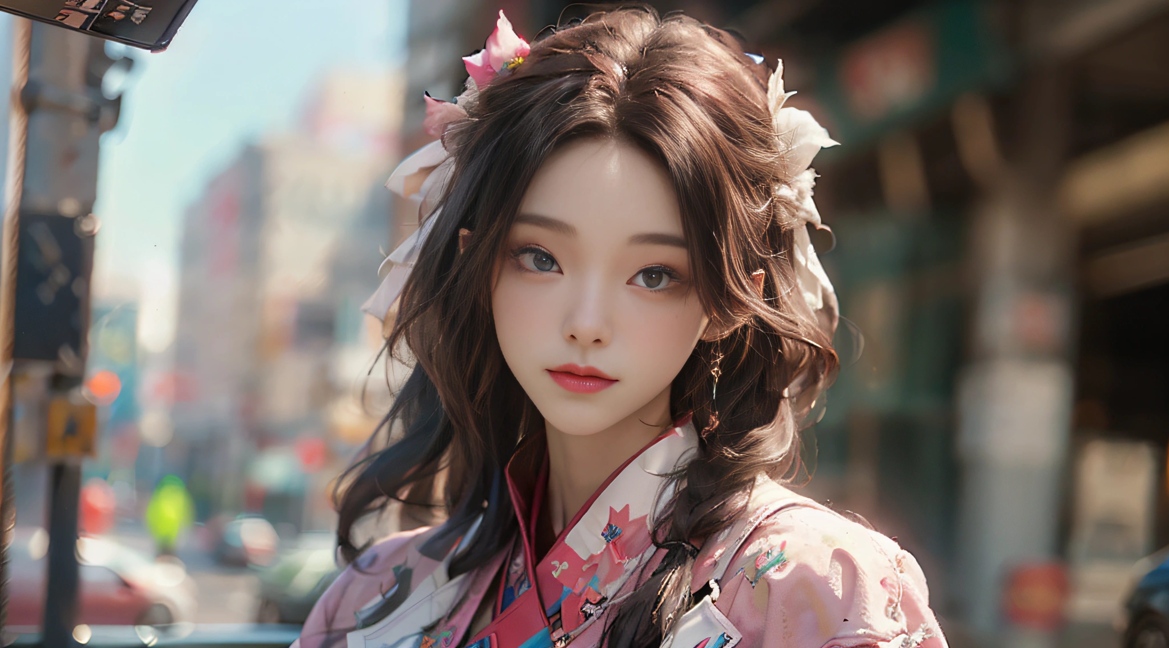 ((Best Quality)), ((Masterpiece)), (Detail: 1.4), 3D, Beautiful Cyberpunk Female Image, HDR (High Dynamic Range), Ray Tracing, NVIDIA RTX, Super Resolution, Unreal 5, Subsurface Scattering, PBR Texture, Post-Processing, Anisotropic Filtering, Depth of Field, Maximum Sharpness and Sharpness, Multi-layer Texture, Albedo and Highlight Mapping, Surface Coloring, Mitsu-Accurate Simulation of Material Interactions, Perfect Proportions, Octane Rendering, Two-color Light, Large Aperture, Low ISO, white balance, regular three-point, 8K RAW, beautiful bright pupils, newspaper clothes, fine pupils, delicate face and eyes, long eyelashes, blush, fluffy hair, pink lips, pure, cute, sweet girl, fashion, casual wear, high-end sense