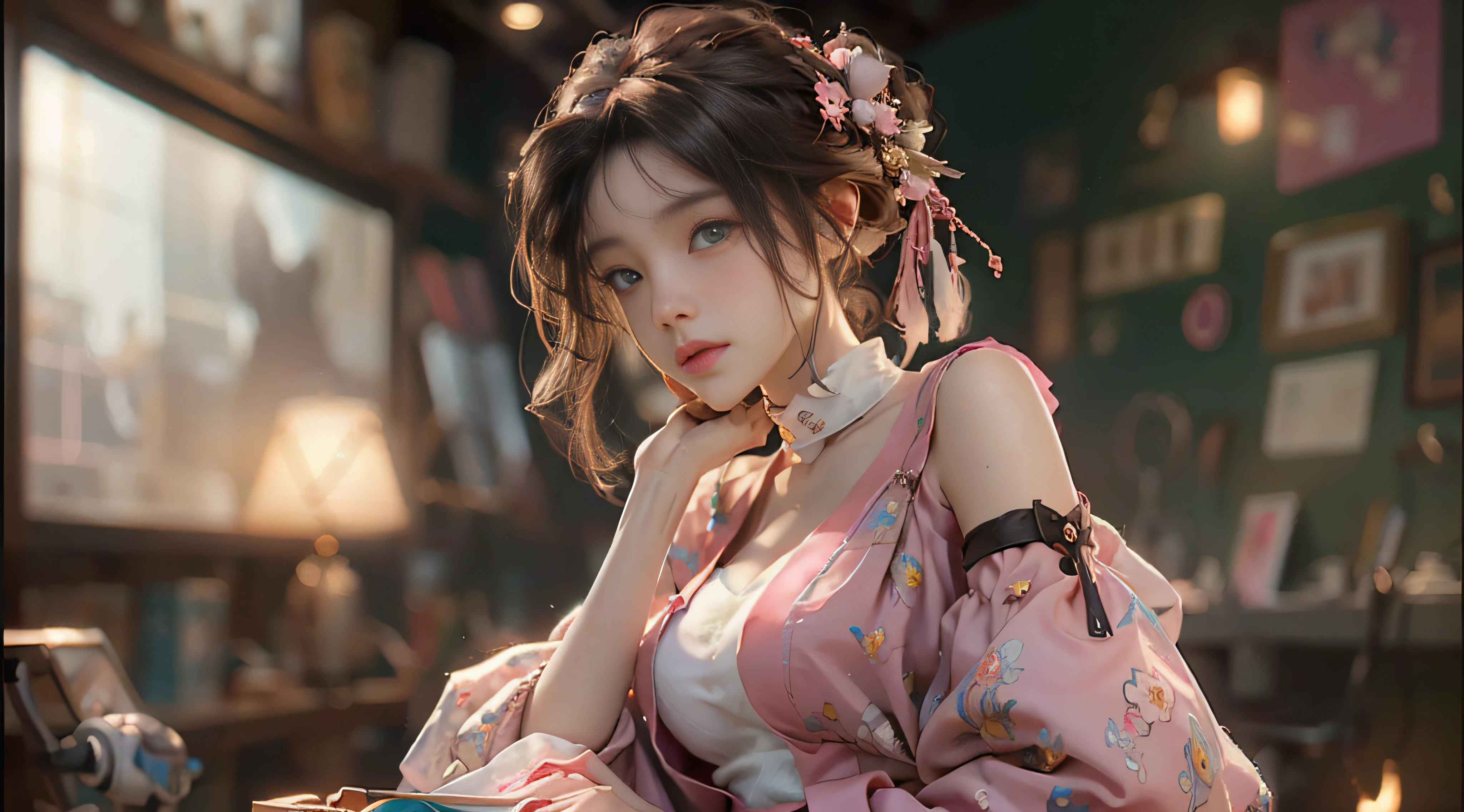 ((Best Quality)), ((Masterpiece)), (Detail: 1.4), 3D, Beautiful Cyberpunk Female Image, HDR (High Dynamic Range), Ray Tracing, NVIDIA RTX, Super Resolution, Unreal 5, Subsurface Scattering, PBR Texture, Post-Processing, Anisotropic Filtering, Depth of Field, Maximum Sharpness and Sharpness, Multi-layer Texture, Albedo and Highlight Mapping, Surface Coloring, Mitsu-Accurate Simulation of Material Interactions, Perfect Proportions, Octane Rendering, Two-color Light, Large Aperture, Low ISO, white balance, regular three-point, 8K RAW, beautiful bright pupils, off-the-shoulder clothes, fine pupils, delicate face and eyes, long eyelashes, blush, delicate and fluffy hair, pink lips, pure, cute, sweet girl, artistic sense, casual wear, high-end sense