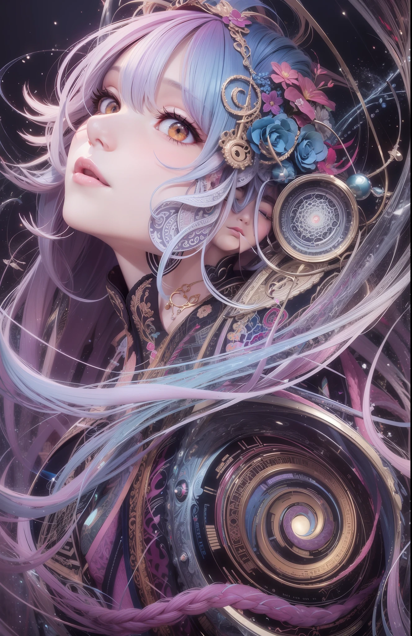 official art, unity 8k wallpaper, ultra detailed, beautiful and aesthetic, masterpiece, best quality, (zentangle, mandala, tangle, entangle), (fractal art:1.3) , 1girl, extremely detailed, dynamic angle, cowboyshot, the most beautiful form of chaos, elegant, a brutalist designed, vivid colours, romanticism, , atmospheric, ecstasy of musical notes, streaming musical notes visible
