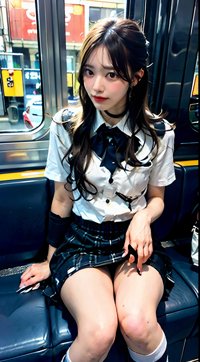 "(Masterpiece, High Definition, Ultra High Definition, 4K) Black hair, 18 years old Japan girl, uniform skirt, emphasizing thighs, white thighs, soft thighs, glossy thighs, sitting on the train, crotch open, face-to-face angle, (angle from below),sitting in the train seat,sitting in front,zoom camera in the crotch,feet on the train floor,full body,looking down, sleepy, I'm only looking at the viewer's eyes", best quality, ultra high definition, (photorealistic:1.4),, high resolution, detail, raw photo, sharp re, Nikon D850 film stock photo by Lee Jefferies 4 kodak portra 400 camera f1.6 lens rich colors hyper realistic lively textures dramatic lighting unreal engine artstation trends cinestir 800,