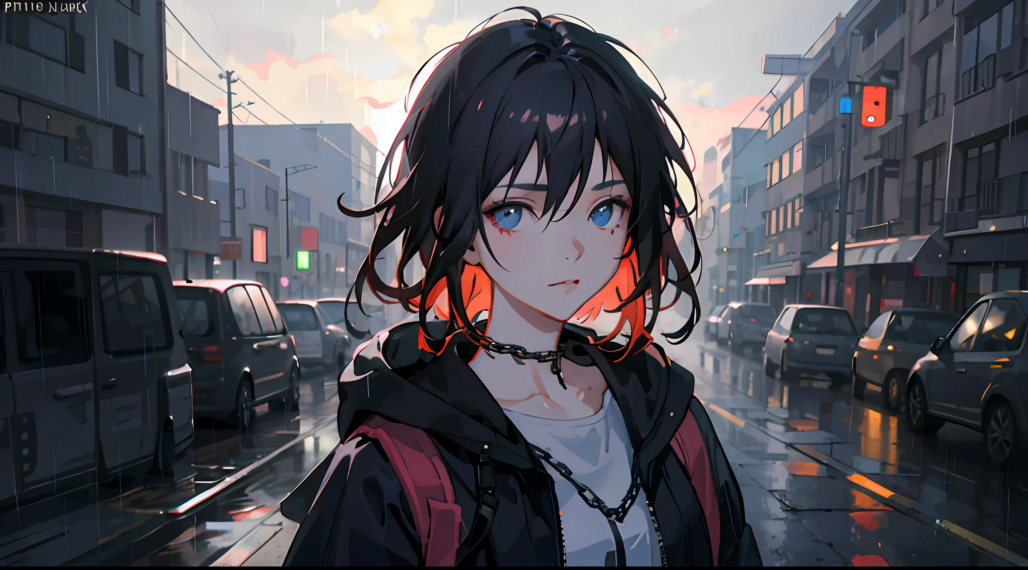 1girl, jacket, rain, outdoor, hoodie, open jacket, chain, backpack, looking at another, messy hair, trending on artstation, 8k resolution, highly detailed, anatomically correct, sharp image, digital painting, concept art, trending on pixiv, style of makoto shinkai,