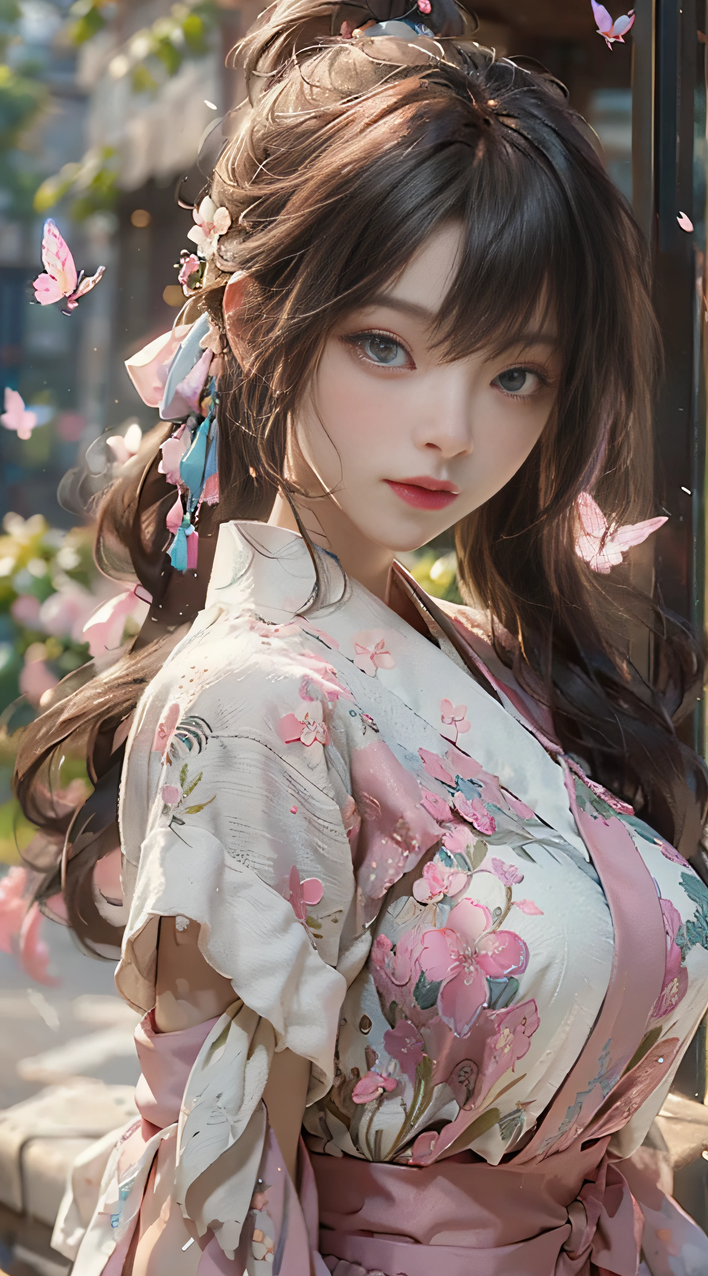 ((Best Quality)), ((Masterpiece)), (Detail: 1.4), 3D, Beautiful Cyberpunk Female Image, HDR (High Dynamic Range), Ray Tracing, NVIDIA RTX, Super Resolution, Unreal 5, Subsurface Scattering, PBR Texture, Post-Processing, Anisotropic Filtering, Depth of Field, Maximum Sharpness and Sharpness, Multi-layer Texture, Albedo and Highlight Mapping, Surface Coloring, Mitsu-Accurate Simulation of Material Interactions, Perfect Proportions, Octane Rendering, Two-color Light, Large Aperture, Low ISO, white balance, regular three-point, 8K RAW, beautiful bright pupils, flowing robe, fine pupils, delicate face and eyes, long eyelashes, blush, fluffy hair, pink lips, pure, cute, sweet girl, cherry blossom petals falling, butterflies, casual wear, high-end sense