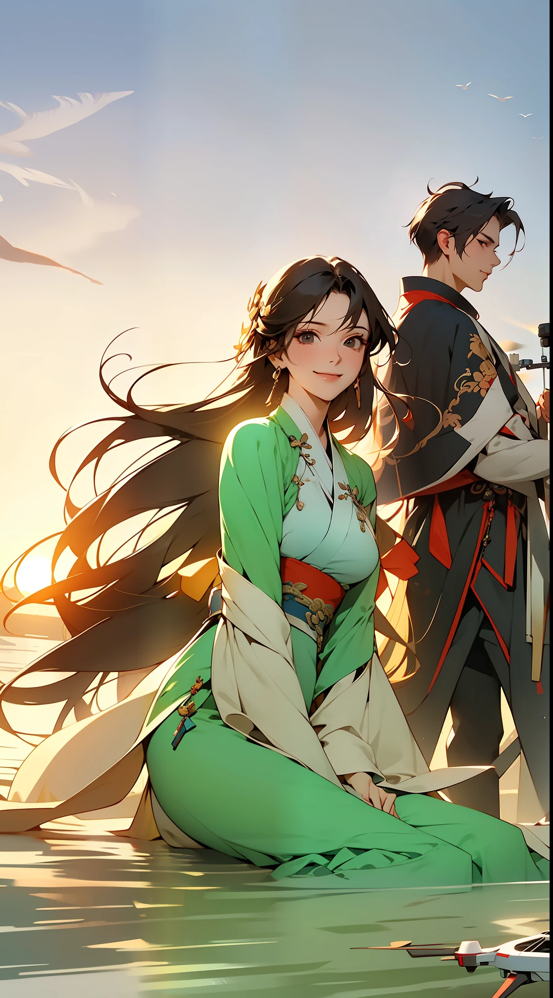 A woman and a man sitting together, gorgeous hanfu, backlight, wind, looking at the camera, usual shot, happy, panorama, third person view, drone view, 8k, masterpiece, best quality