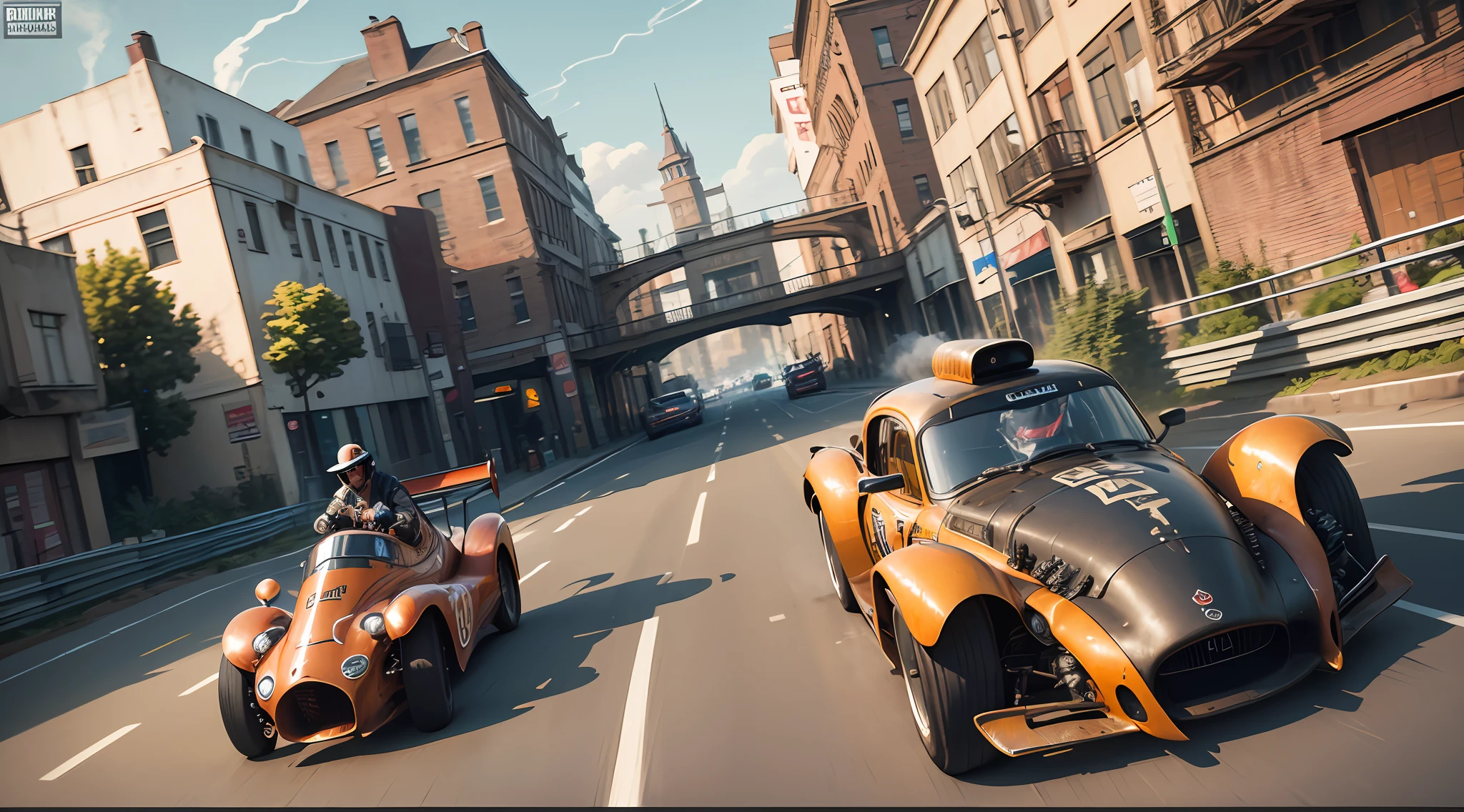 (((best quality))),(((ultra detailed))),(((masterpiece))),illustration, A steam punk race car speeding through the narrow city streets. This car is made of copper and iron, with intricate gears and bolts embedded on its body, exuding a strong metallic texture. The body of the car is painted in a dark color, bearing rust and signs of wear and tear, giving it a sense of age and history. The wheels are equipped with thick rubber tires, with clear treads, providing a strong grip. Above the race car, there is a massive steam propulsion device releasing white steam, creating a large trail. The driver inside the car is dressed in stylish steam punk attire, wearing goggles and gripping a metal steering wheel, driving the car with focus and confidence. The whole scene is filled with a rich industrial atmosphere and the allure of futuristic technology. High-resolution image, high-quality artwork, stunning digital illustration, featuring a steam punk race car speeding through the city streets, detailed gears, bolts, and rust on the car body, gripping race car driver in steam punk attire, goggles, metal steering wheel, powerful steam propulsion, industrial atmosphere. --auto