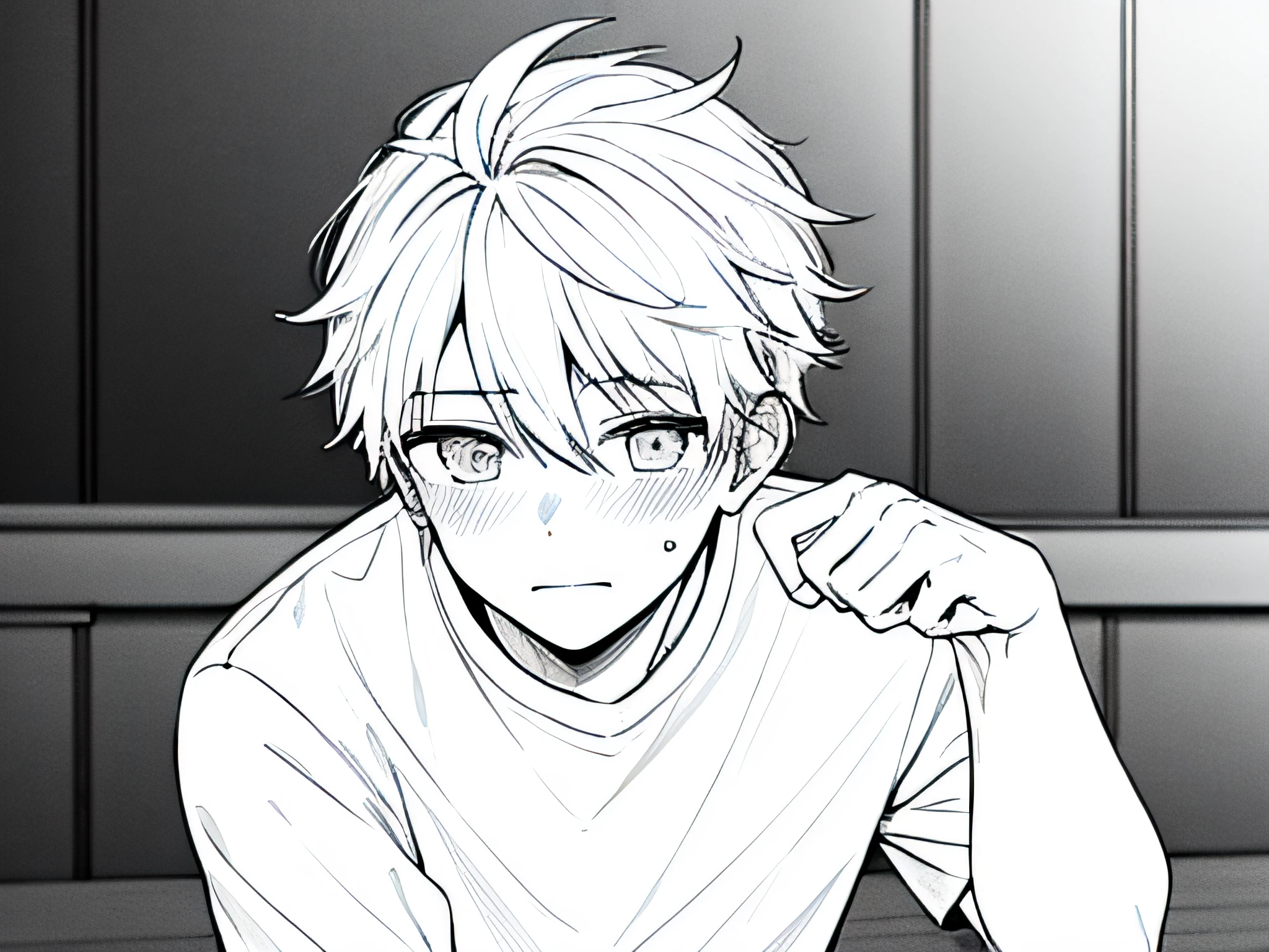 masterpiece, best quality, high quality, 1 boy, white hair, shy, blushing, white shirt, solo, male focus, looking at the audience, upper body, ogata_shuu,line drawing, monochrome,