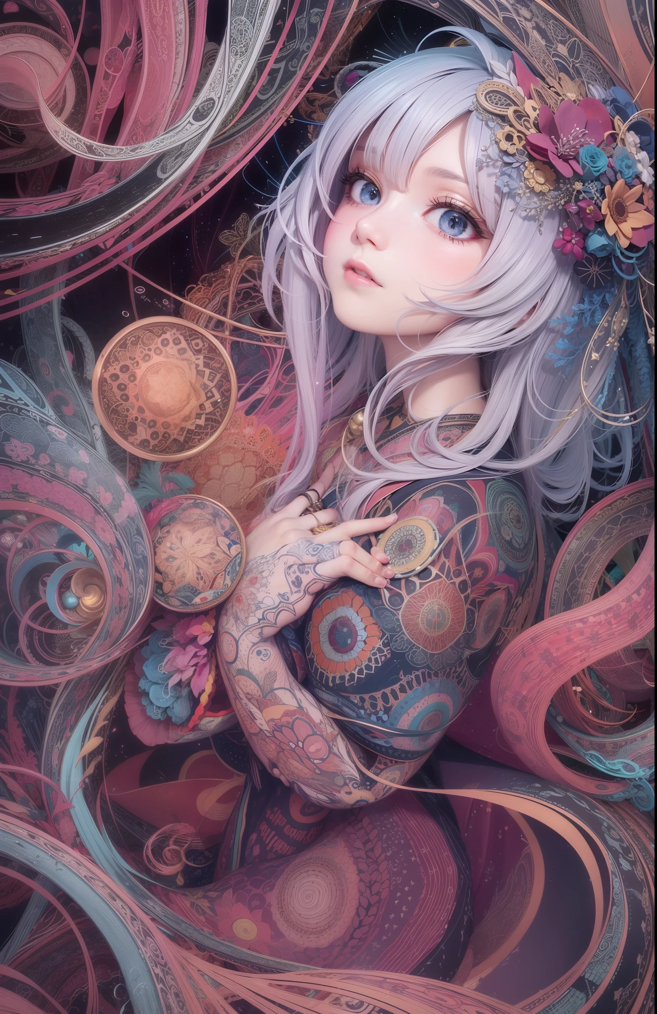 official art, unity 8k wallpaper, ultra detailed, beautiful and aesthetic, masterpiece, best quality, (zentangle, mandala, tangle, entangle), (fractal art:1.3) , 1girl, extremely detailed, dynamic angle, cowboyshot, the most beautiful form of chaos, elegant, a brutalist designed, vivid colours, romanticism, , atmospheric, ecstasy of musical notes, streaming musical notes visible