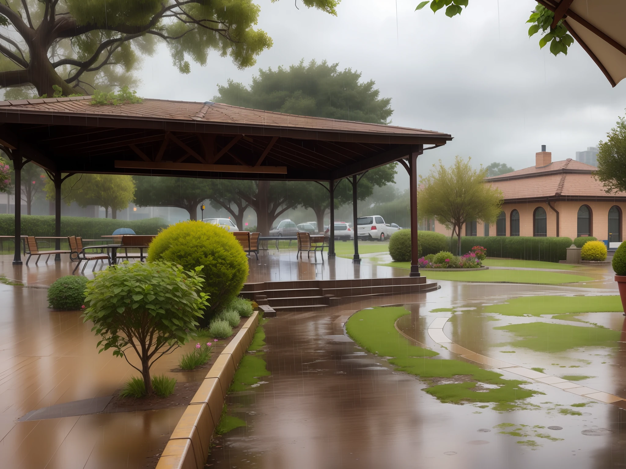 there is a small stream running through a park with a gazebo, school courtyard, day after raining, with a park in the back ground, rainy and gloomy atmosphere, rainy environment, it is raining heavily, rainy and wet atmosphere, just after rain, with a park in the background, overcast weather, while it's raining, in a rainy environment, park in background