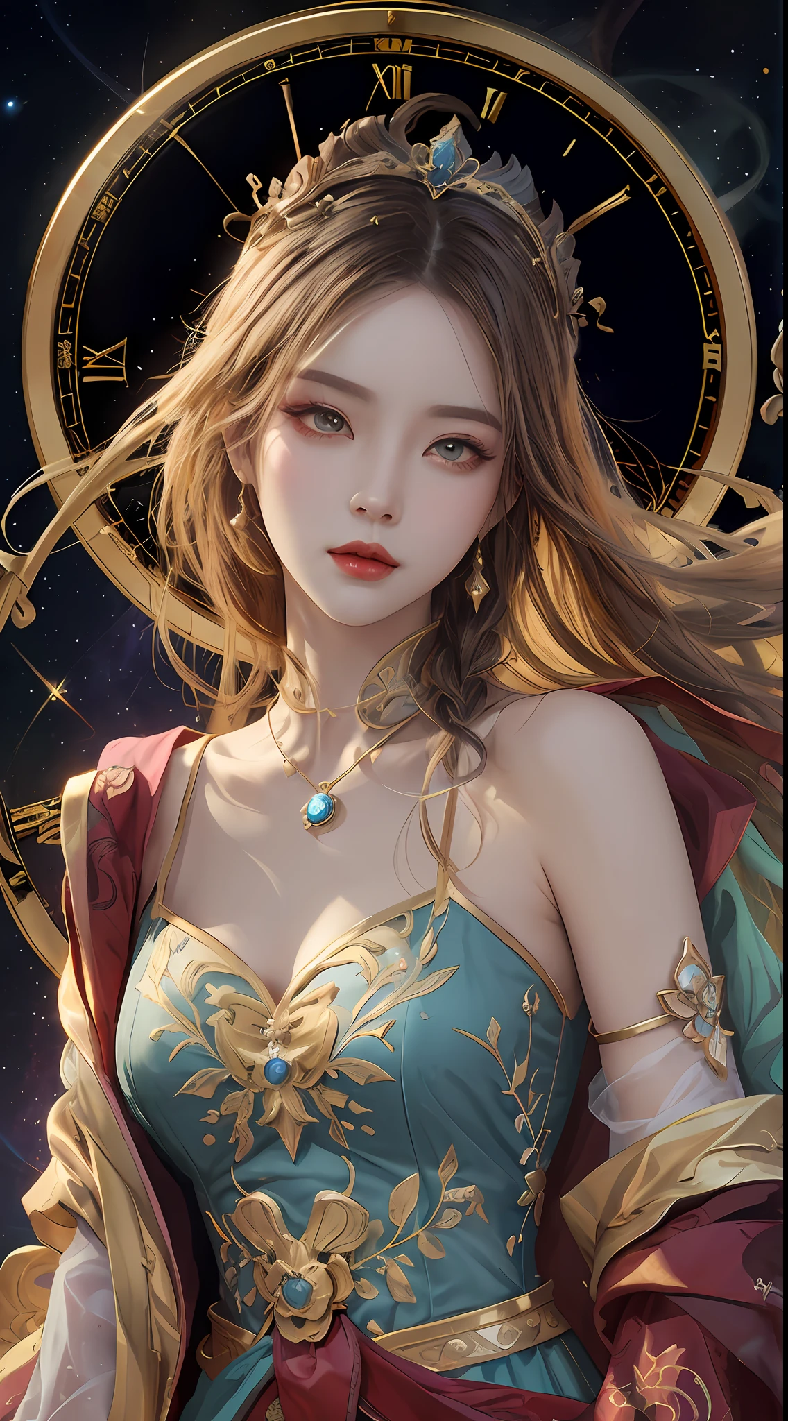 arafed woman in a blue dress with a gold crown and a clock, goddess of time, beautiful celestial mage, a beautiful fantasy empress, portrait knights of zodiac girl, trending on cgstation, goddess of space and time, ((a beautiful fantasy empress)), fantasy art style, by Yang J, inspired by Lan Ying, g liulian art style