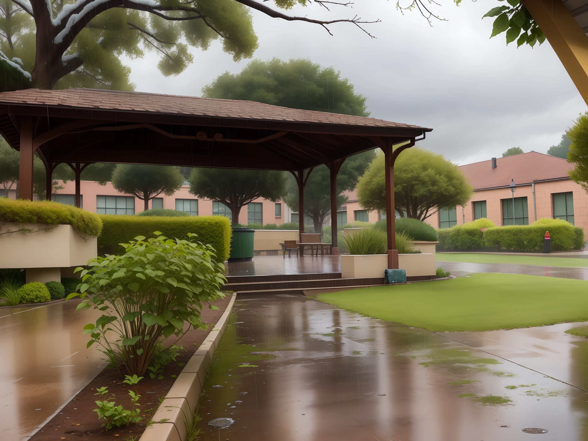 there is a small stream running through a park with a gazebo, school courtyard, day after raining, with a park in the back ground, rainy and gloomy atmosphere, rainy environment, it is raining heavily, rainy and wet atmosphere, just after rain, with a park in the background, overcast weather, while it's raining, in a rainy environment, park in background