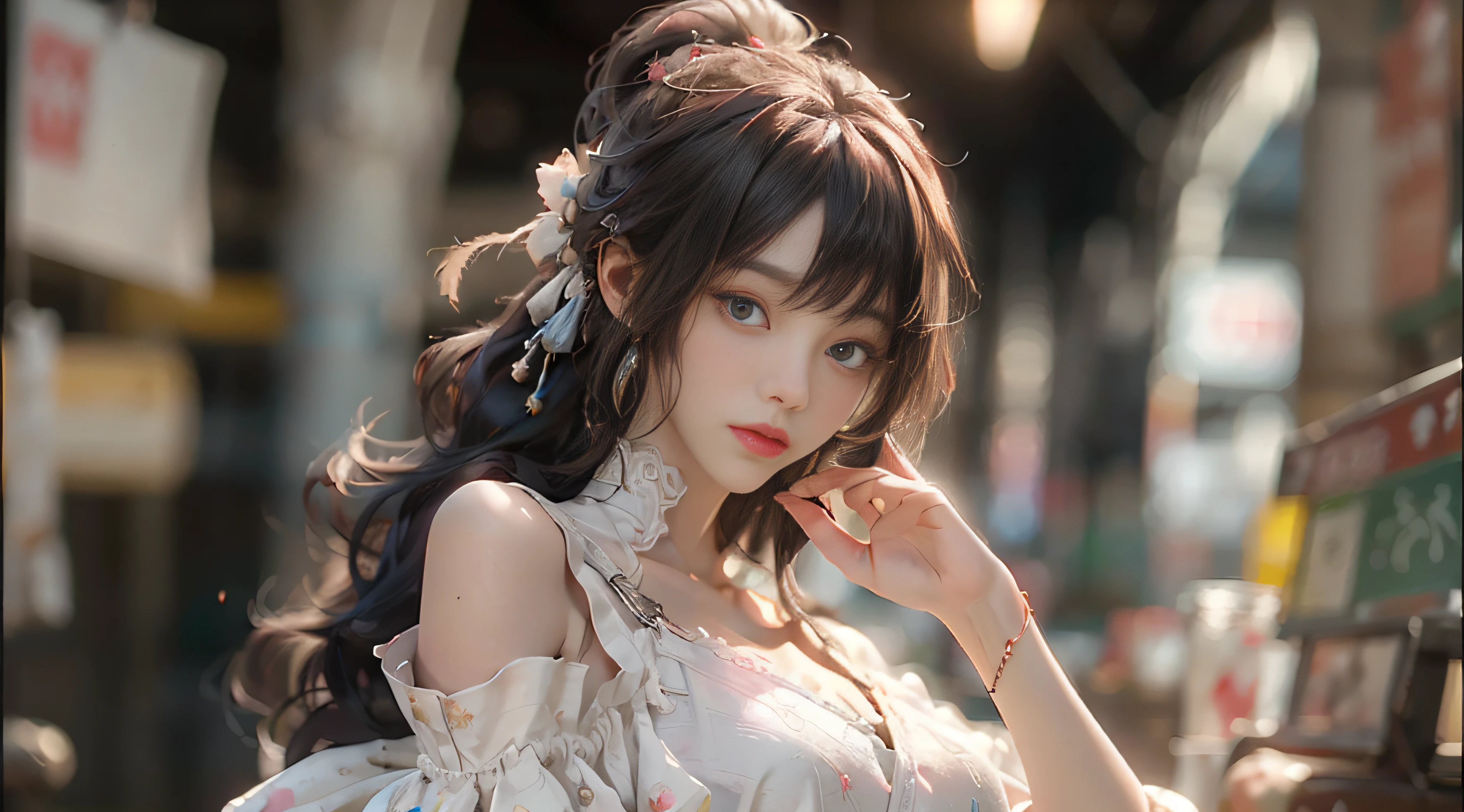 ((Best Quality)), ((Masterpiece)), (Detail: 1.4), 3D, Beautiful Cyberpunk Female Image, HDR (High Dynamic Range), Ray Tracing, NVIDIA RTX, Super Resolution, Unreal 5, Subsurface Scattering, PBR Texture, Post-Processing, Anisotropic Filtering, Depth of Field, Maximum Sharpness and Sharpness, Multi-layer Texture, Albedo and Highlight Mapping, Surface Coloring, Mitsu-Accurate Simulation of Material Interactions, Perfect Proportions, Octane Rendering, Two-color Light, Large Aperture, Low ISO, white balance, regular three-point, 8K RAW, beautiful bright pupils, off-the-shoulder clothes, fine pupils, delicate face and eyes, long eyelashes, blush, fluffy hair, pink lips, pure, cute, sweet girl, art, casual wear, high-end sense