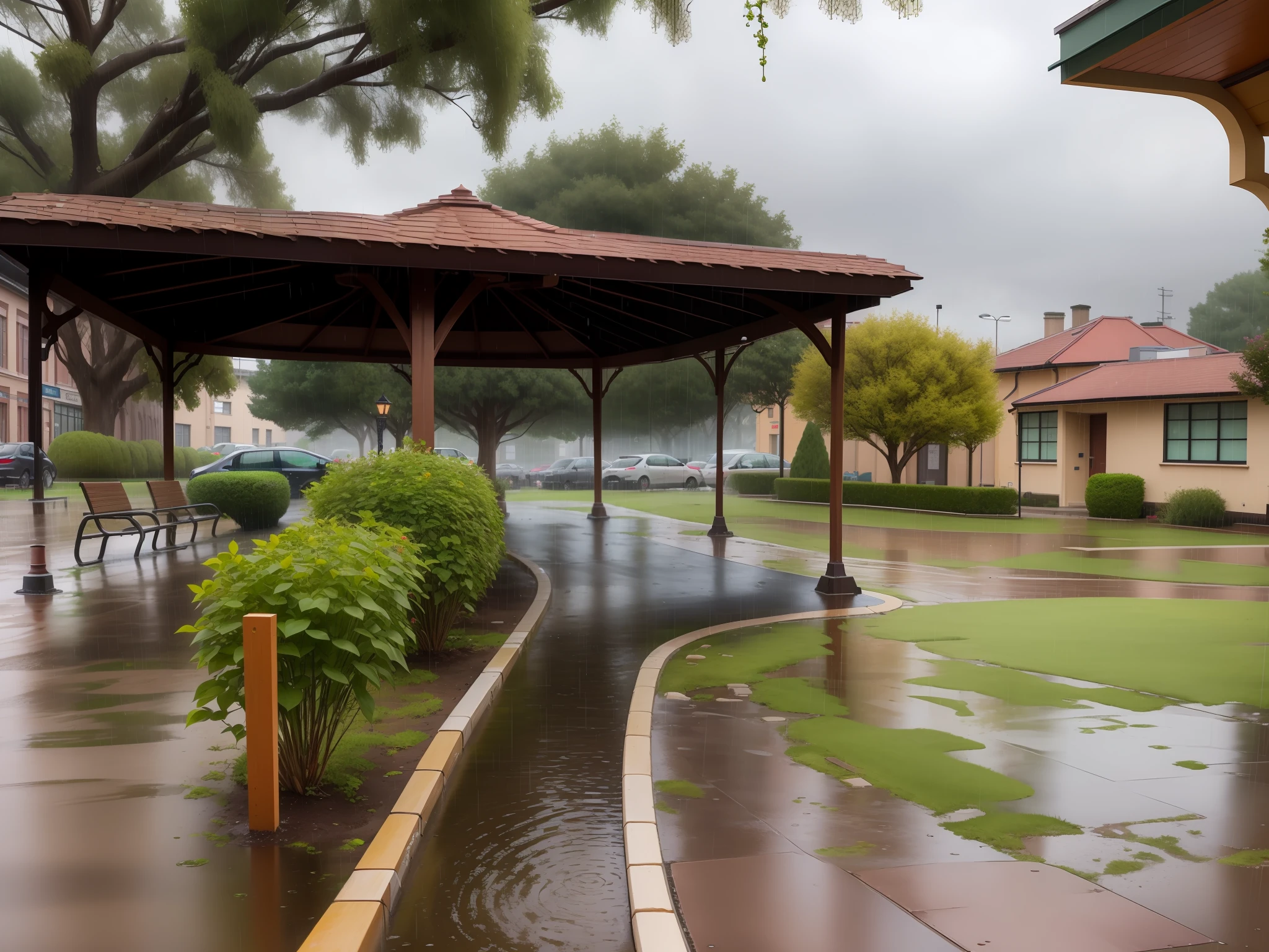 there is a small stream running through a park with a gazebo, school courtyard, day after raining, with a park in the back ground, rainy and gloomy atmosphere, rainy environment, it is raining heavily, rainy and wet atmosphere, just after rain, with a park in the background, overcast weather, while it's raining, in a rainy environment, park in background