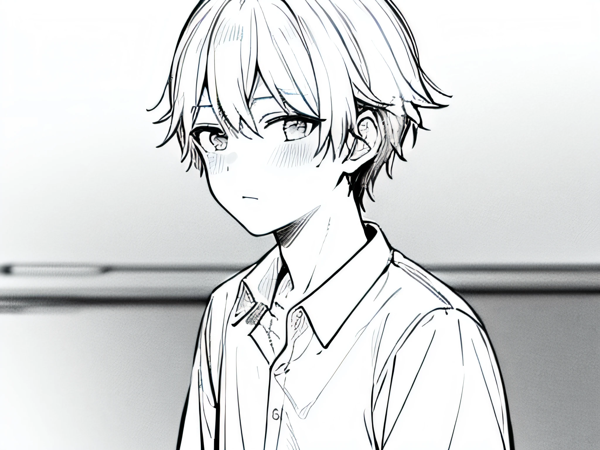 masterpiece, best quality, high quality, 1 boy, white hair, shy, blushing, white shirt, solo, male focus, looking at the audience, upper body, ogata_shuu,line drawing, monochrome,