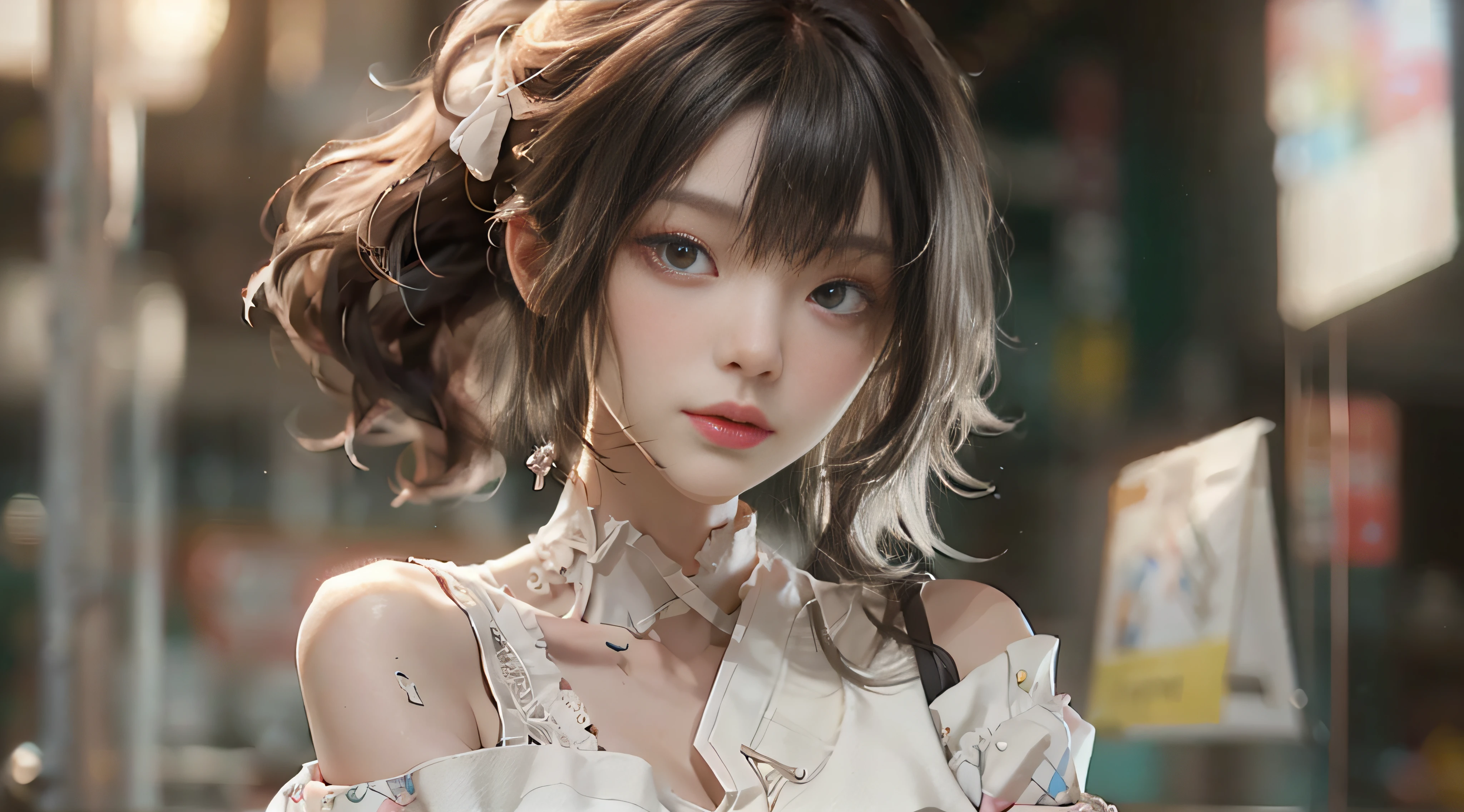 ((Best Quality)), ((Masterpiece)), (Detail: 1.4), 3D, Beautiful Cyberpunk Female Image, HDR (High Dynamic Range), Ray Tracing, NVIDIA RTX, Super Resolution, Unreal 5, Subsurface Scattering, PBR Texture, Post-Processing, Anisotropic Filtering, Depth of Field, Maximum Sharpness and Sharpness, Multi-layer Texture, Albedo and Highlight Mapping, Surface Coloring, Mitsu-Accurate Simulation of Material Interactions, Perfect Proportions, Octane Rendering, Two-color Light, Large Aperture, Low ISO, white balance, regular three-point, 8K RAW, beautiful bright pupils, off-the-shoulder clothes, fine pupils, delicate face and eyes, long eyelashes, blush, delicate and fluffy hair, pink lips, pure, cute, sweet girl, artistic sense, casual wear, high-end sense