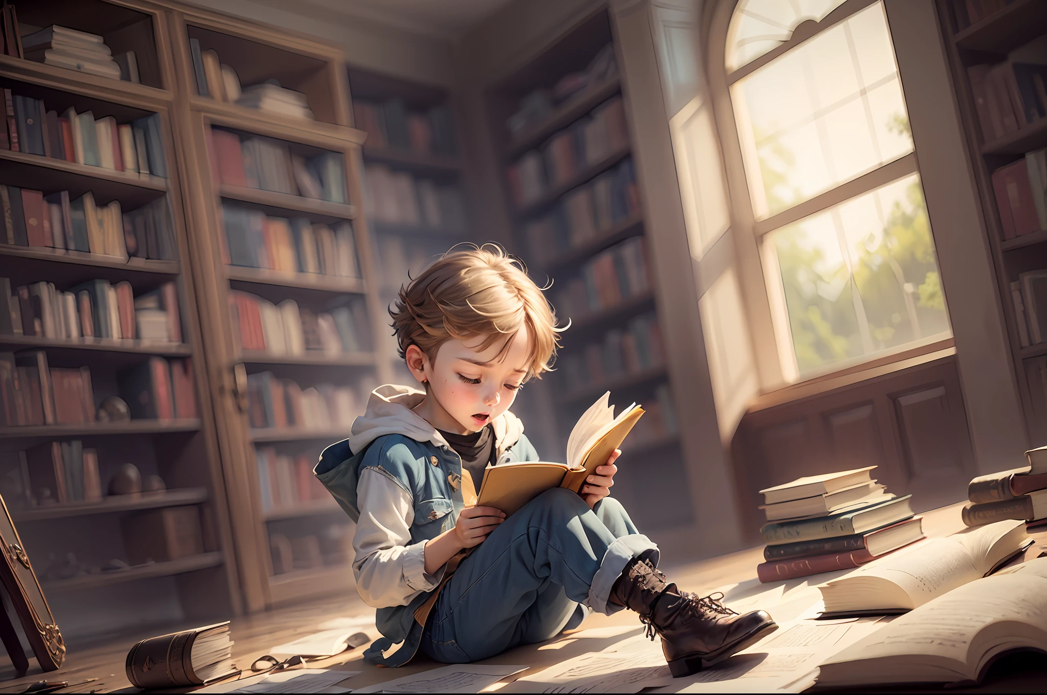 exploring, abandoned library, special book, shining like a star, caught the boy's attention, opened, golden dust, magical being, Nubi, soft voice, excited, new friend, dreams come true --auto --s2