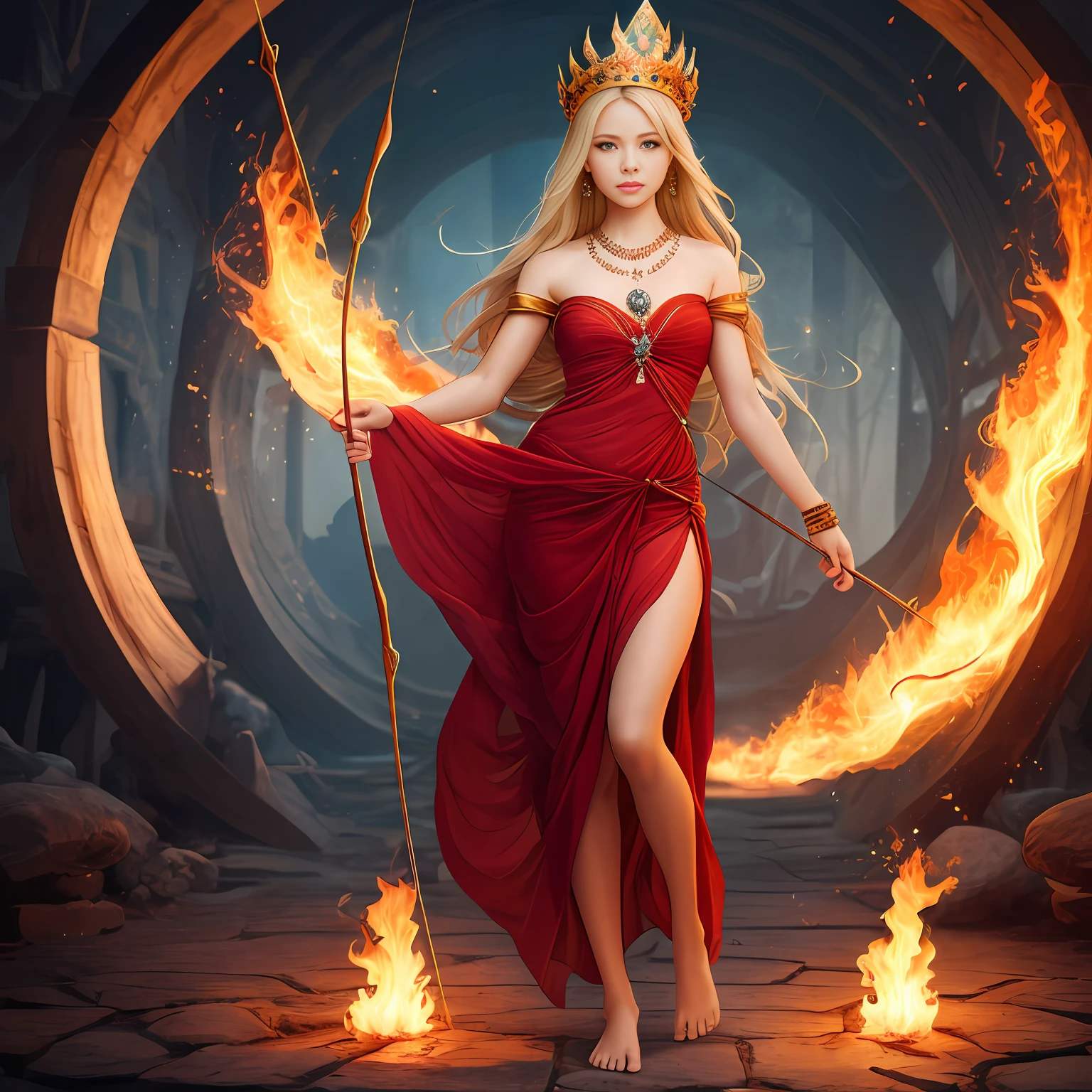 The picture is super high definition, red flame environment, by Alfons Mucha, 8k, the main body is a standard body, beautiful skin beauty (red skin 1.3), is drawing a bow and shooting arrows, beautiful and fine facial features, solid circle eyes, bunched hair blonde crown, textured skin, necklace jewelry, hanging a lot of jewelry on the body, precise hands, standing barefoot on the red lotus, the background is red flame, (red fire everywhere), perfect details, Natural lighting, perspective beauty is full body portrait, photographic lens effect. --auto