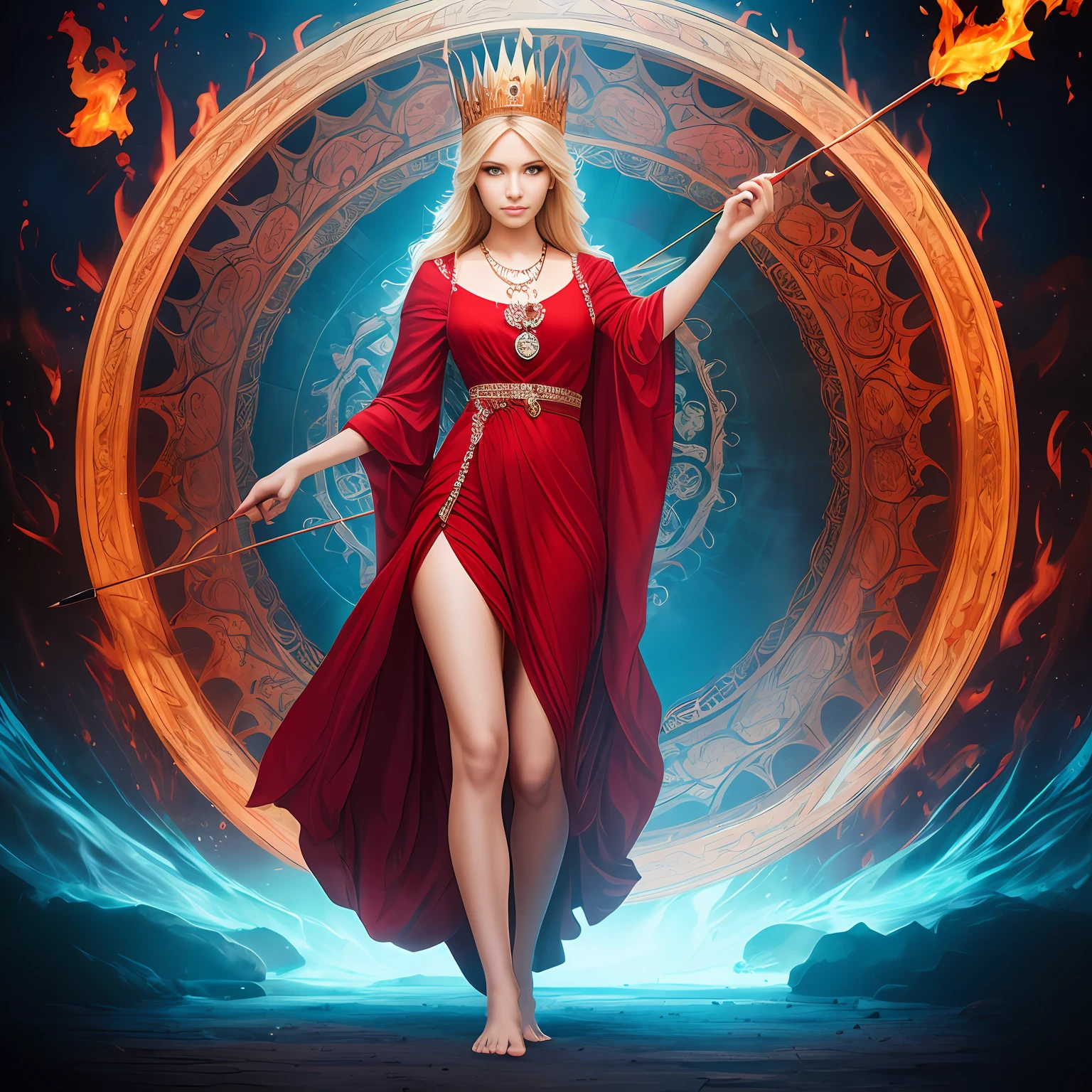 The picture is super high definition, red flame environment, by Alfons Mucha, 8k, the main body is a standard body, beautiful skin beauty (red skin 1.3), is drawing a bow and shooting arrows, beautiful and fine facial features, solid circle eyes, bunched hair blonde crown, textured skin, necklace jewelry, hanging a lot of jewelry on the body, precise hands, standing barefoot on the red lotus, the background is red flame, (red fire everywhere), perfect details, Natural lighting, perspective beauty is full body portrait, photographic lens effect. --auto