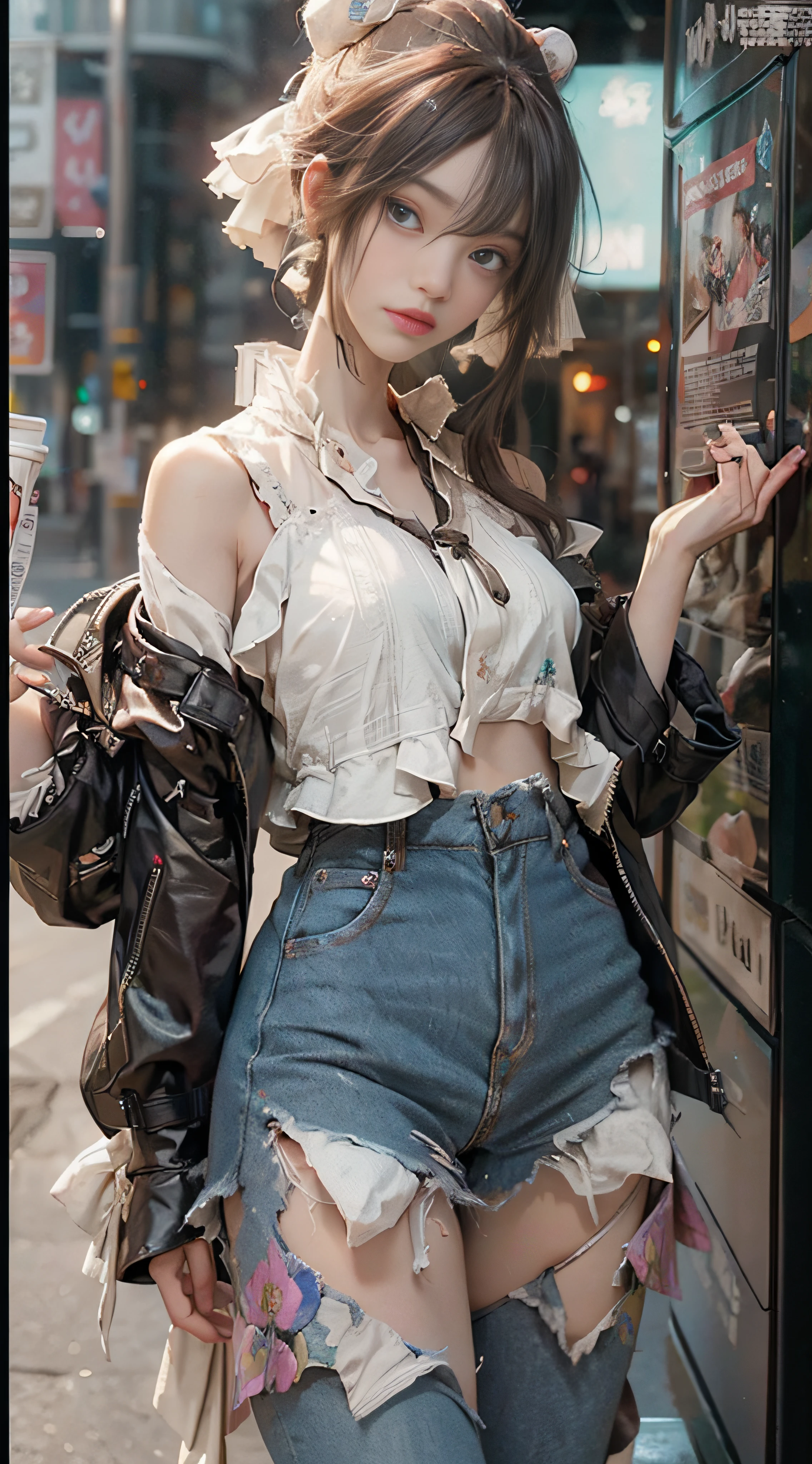 ((Best Quality)), ((Masterpiece)), (Detail: 1.4), 3D, Beautiful Cyberpunk Female Image, HDR (High Dynamic Range), Ray Tracing, NVIDIA RTX, Super Resolution, Unreal 5, Subsurface Scattering, PBR Texture, Post-Processing, Anisotropic Filtering, Depth of Field, Maximum Sharpness and Sharpness, Multi-layer Texture, Albedo and Highlight Mapping, Surface Coloring, Mitsu-Accurate Simulation of Material Interactions, Perfect Proportions, Octane Rendering, Two-color Light, Large Aperture, Low ISO, white balance, regular three-point, 8K RAW, beautiful bright pupils, newspaper clothes, fine pupils, delicate face and eyes, long eyelashes, blush, fluffy hair, pink lips, pure, cute, sweet girl, newspaper wall background, casual wear, high-end sense