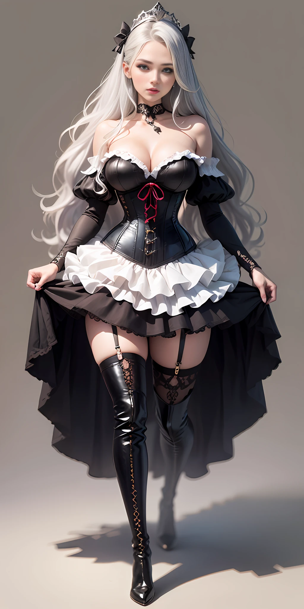 [black:aqua:0.65] theme, masterpiece, a girl's masterpiece, detailed visual art, blue eyes, silver hair, long hair, collarbone, queen, mature, elegant, gorgeous corset, corset piercing, detailed layered skirt, [detailed frills: 0.1], [frilled dress: 0.1], embroidery, [details princess dress: 0.1], off-the-shoulder, big breasts: 1.3, open crotch, thigh seam, groin, high-heeled over-the-knee boots, [NSFW|uncensored], (simple background: 1.1), low-winged, full-body --auto