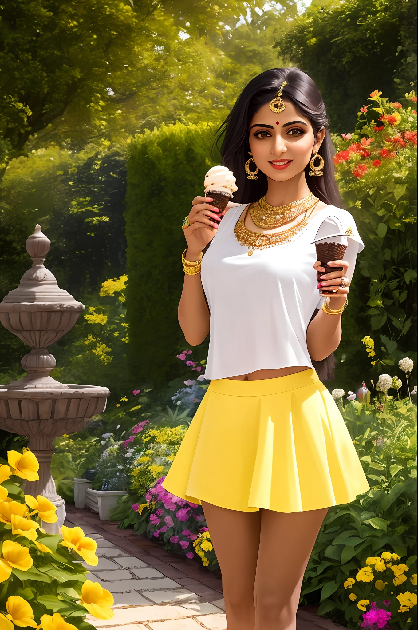 Sure! Here's an optimized prompt based on the given description:
"A seductive Indian girl, adorned with exquisite jewelry, wearing a dark white top and light yellow raffle skirt . Showcasing her legs in a realistic and highly detailed manner, she poses alluringly in front of the camera. In Garden. Eating ice cream pose