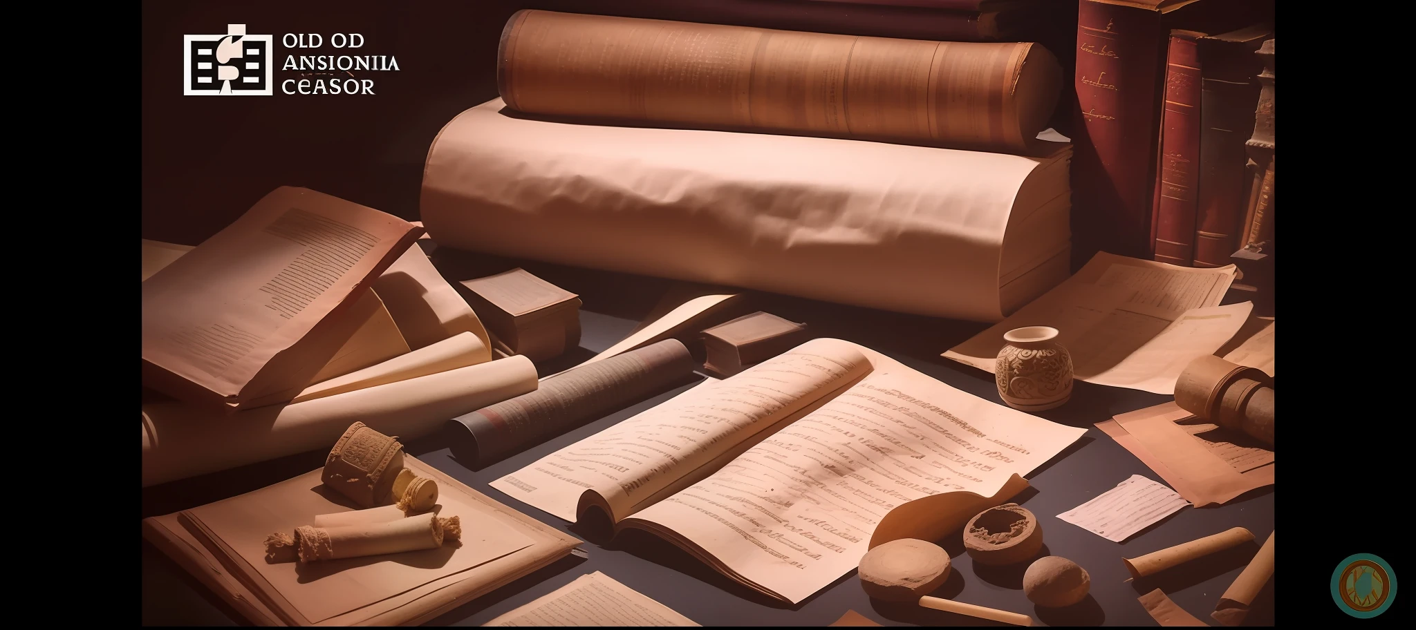 there are many old papers and old books on a table, old manuscripts and scrolls, discarded scrolls, old scientific documents, ancient writing, historical archive, archive material, old manuscript, roman historic works, old scroll, dharma artifacts, scrolls, museum collection, papers and tomes, ancient library, historical documentary, museum background, an ancient, museum archive, found papers
