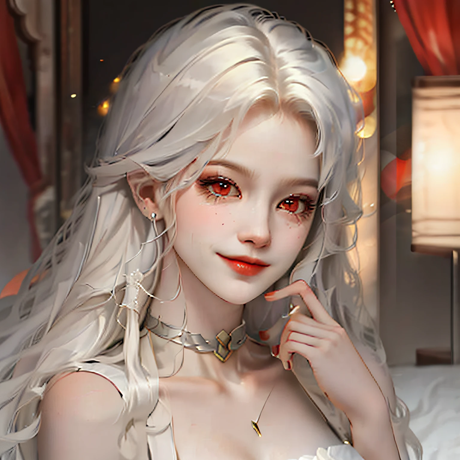 (Fidelity: 1.4), magical, masterpiece, ((female, big)), slim, muscular, sharp ears, light gray skin, long curly white hair, red eyes, smile, be careful, do not disturb, Recite the Pipa
