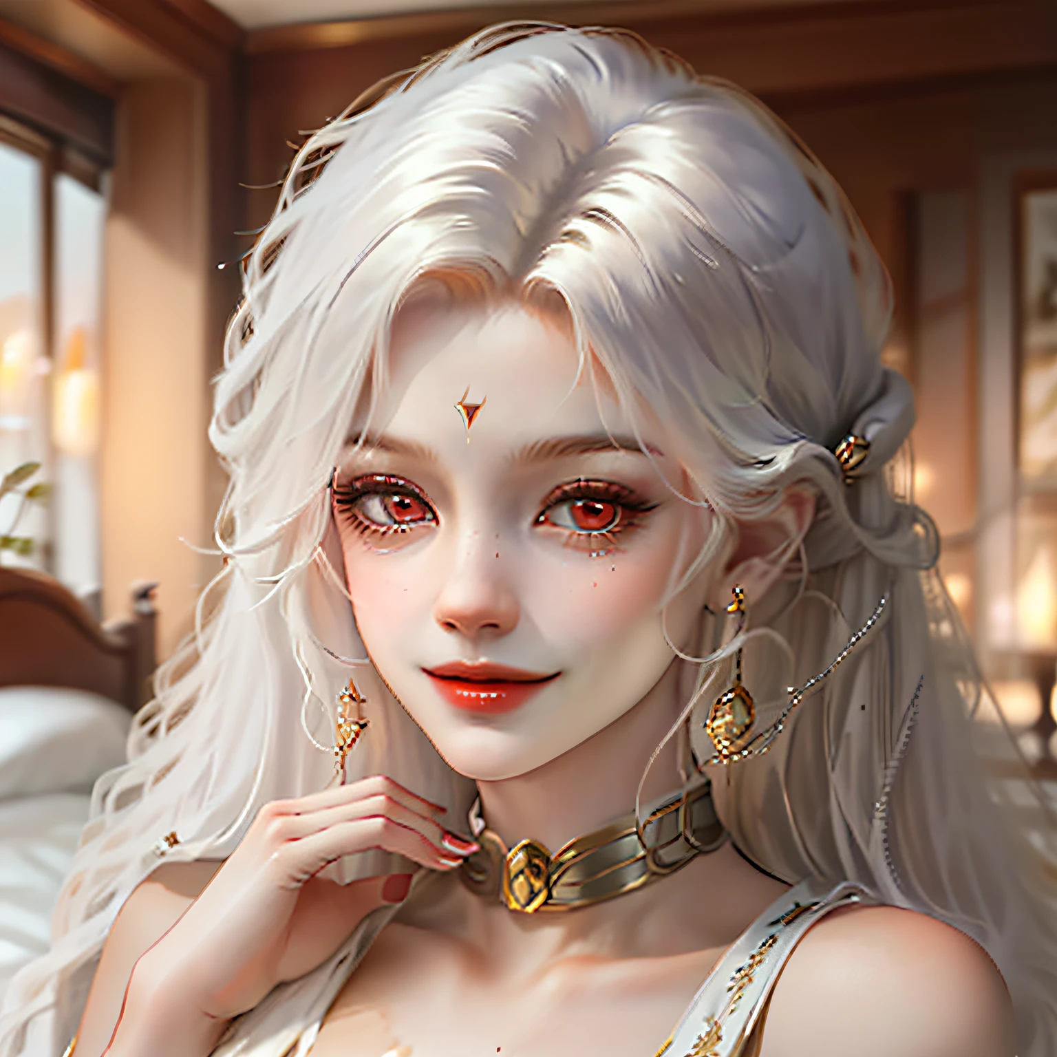 (Fidelity: 1.4), magical, masterpiece, ((female, big)), slim, muscular, sharp ears, light gray skin, long curly white hair, red eyes, smile, be careful, do not disturb, Recite the Pipa