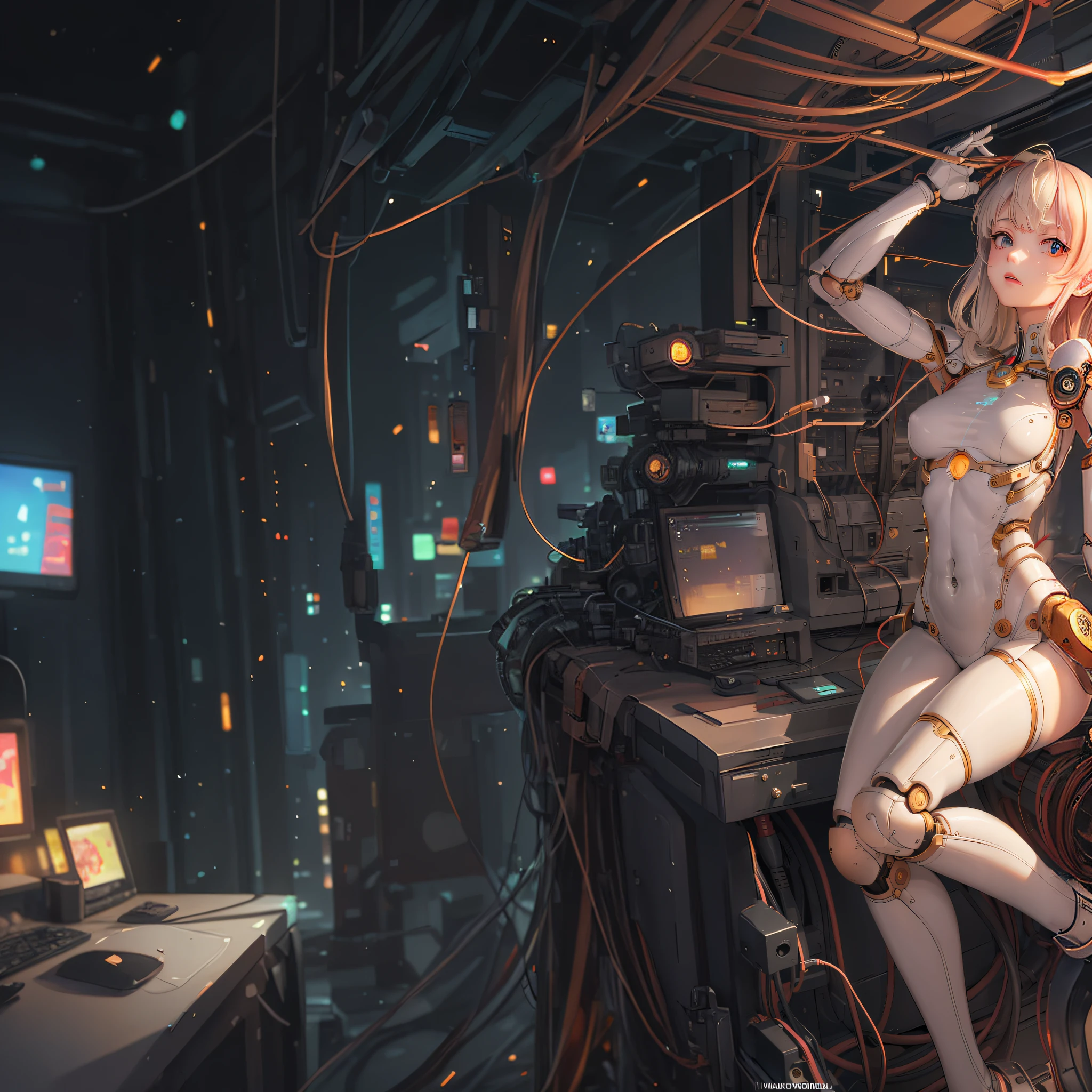 anime - style woman in white and gold outfit sitting on a desk, wlop and krenz cushart, biomechanical oppai, gynoid cyborg body, cyberpunk anime girl mech, perfect anime cyborg woman, by Krenz Cushart, smooth digital concept art, digital cyberpunk anime art, cute cyborg girl, inspired by Krenz Cushart