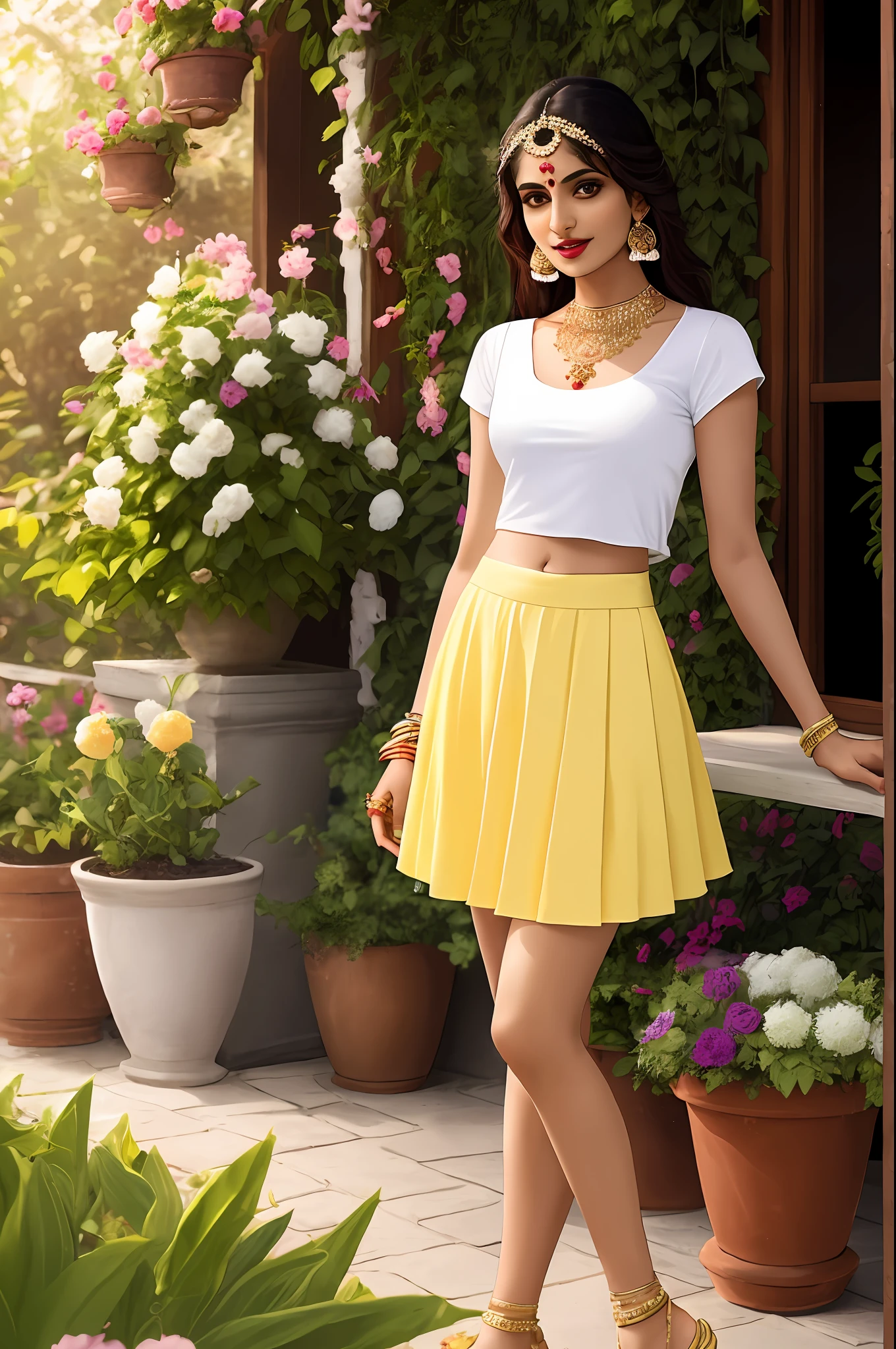 Sure! Here's an optimized prompt based on the given description:
"A seductive Indian girl, adorned with exquisite jewelry, wearing a dark white top and light yellow raffle skirt . Showcasing her legs in a realistic and highly detailed manner, she poses alluringly in front of the camera. In Garden. Eating ice cream pose
