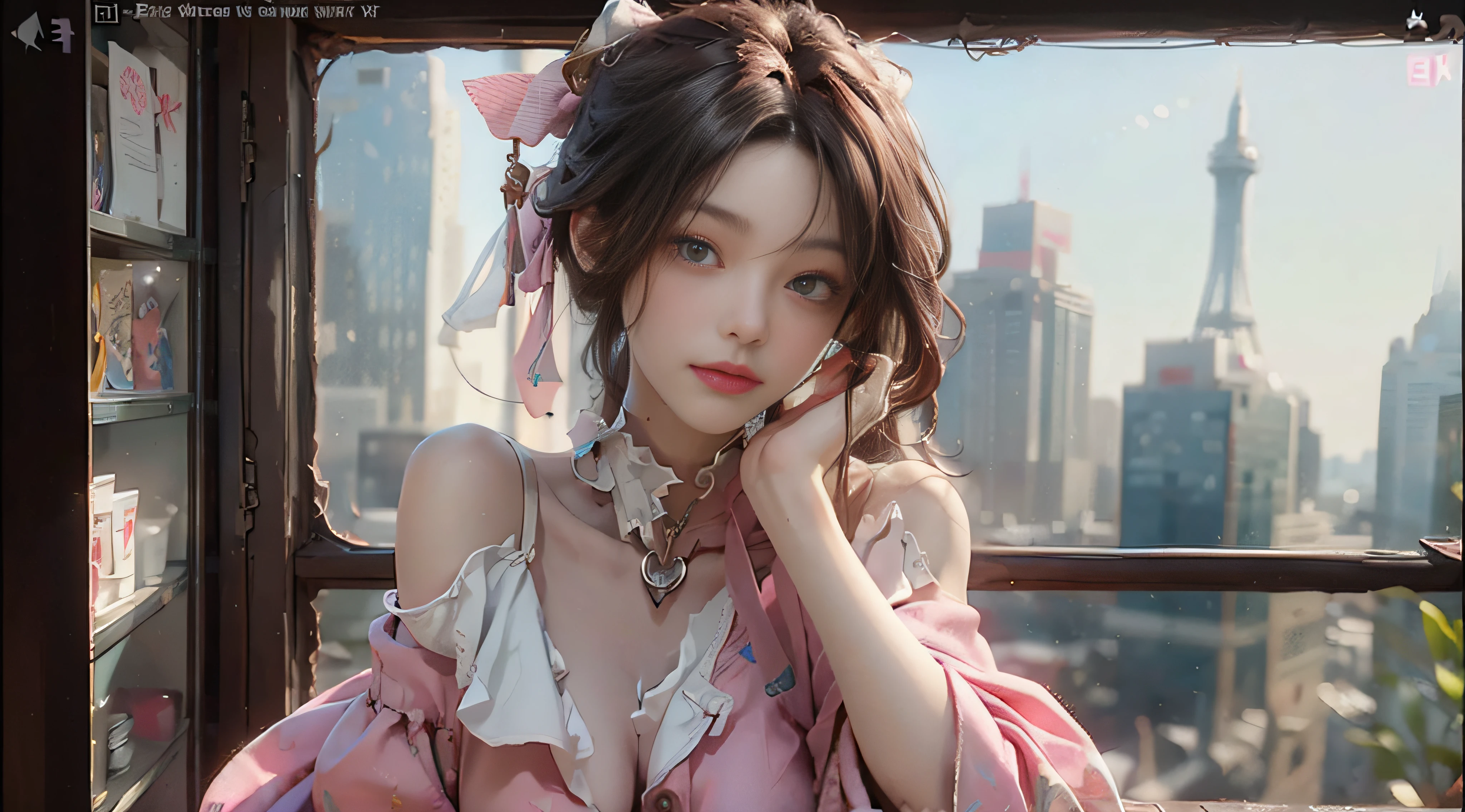 ((Best Quality)), ((Masterpiece)), (Detail: 1.4), 3D, Beautiful Cyberpunk Female Image, HDR (High Dynamic Range), Ray Tracing, NVIDIA RTX, Super Resolution, Unreal 5, Subsurface Scattering, PBR Texture, Post-Processing, Anisotropic Filtering, Depth of Field, Maximum Sharpness and Sharpness, Multi-layer Texture, Albedo and Highlight Mapping, Surface Coloring, Mitsu-Accurate Simulation of Material Interactions, Perfect Proportions, Octane Rendering, Two-color Light, Large Aperture, Low ISO, white balance, regular three-point, 8K RAW, beautiful bright pupils, off-the-shoulder clothes, fine pupils, delicate face and eyes, long eyelashes, blush, fluffy hair, pink lips, pure, cute, sweet girl, artistic sense, casual wear, high-end sense