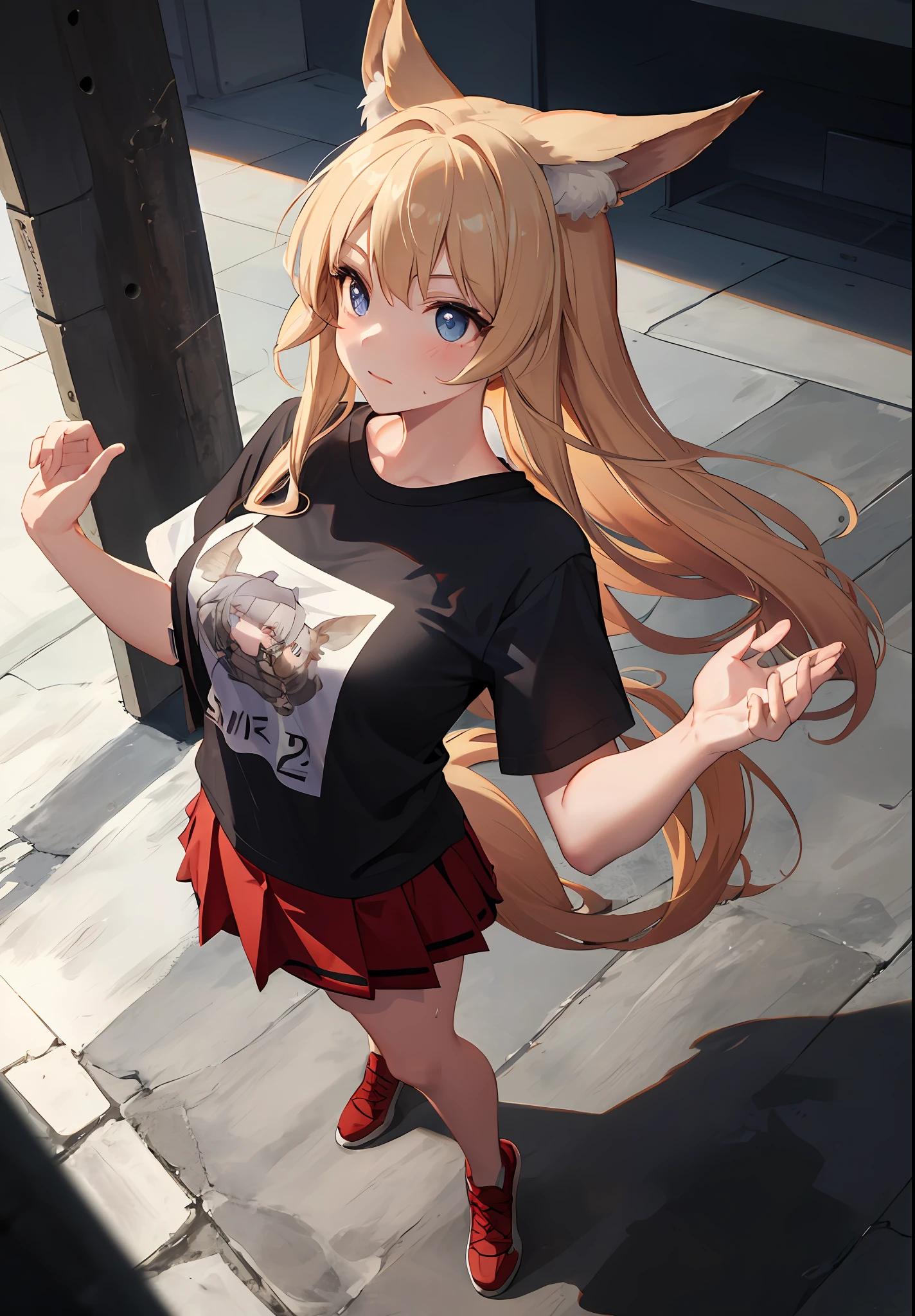 (Masterpiece, sidelights, beautiful eyes of detail: 1.2), (overhead view), dynamic angle, (full body), backlit, t-shirt, skirt, cleavage sweat blonde uma musume