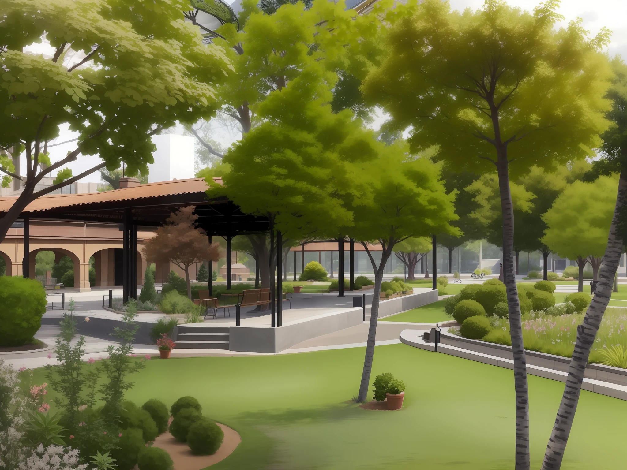 trees and shrubs in a park with a pavilion in the background, with a park in the back ground, school courtyard, park in background, in marijuanas gardens, with a park in the background, parks and public space, centre image, peaceful environment, parks and gardens, beautiful image, park landscape, a park, ground level view, ground view, green spaces