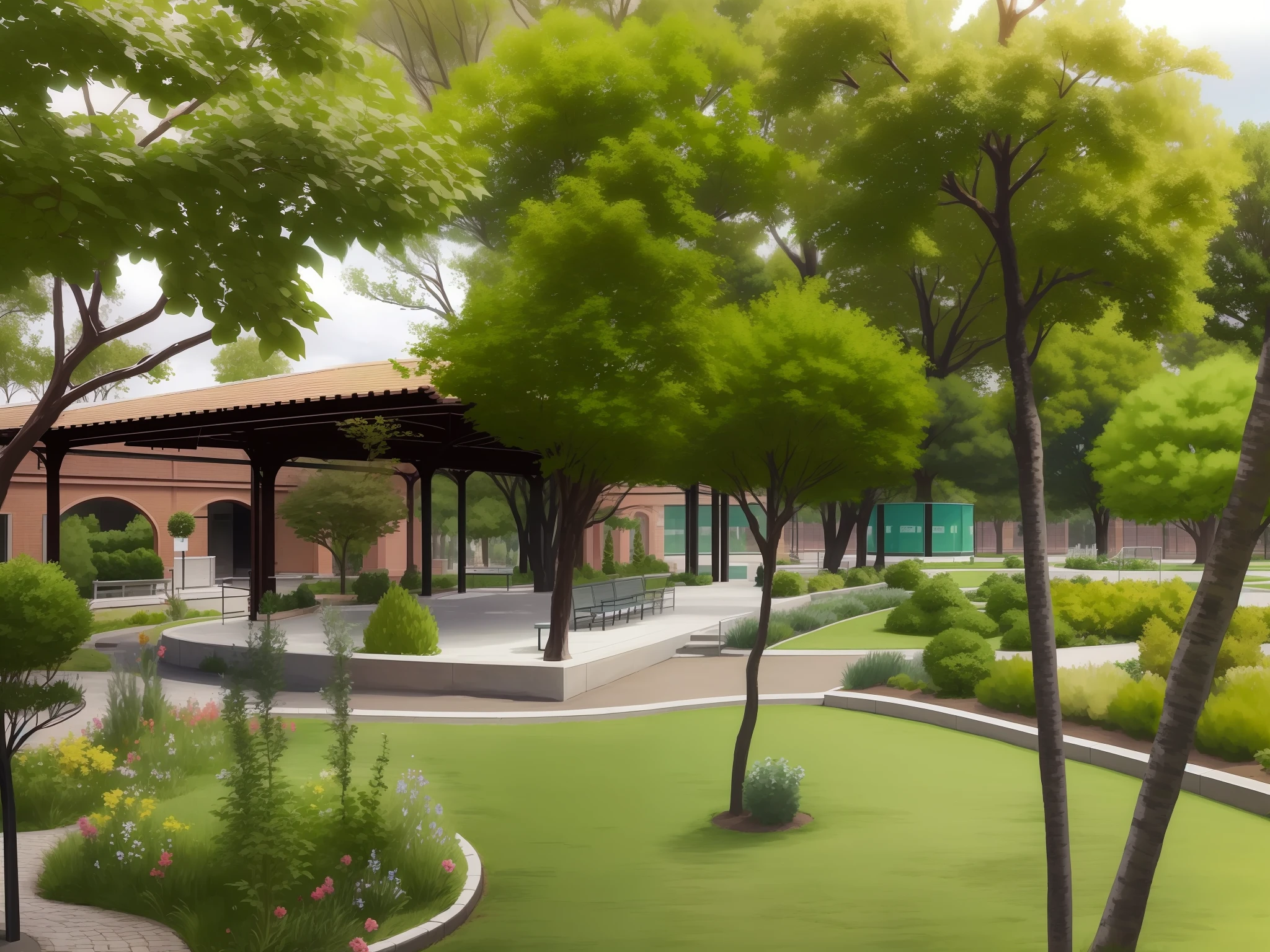 trees and shrubs in a park with a pavilion in the background, with a park in the back ground, school courtyard, park in background, in marijuanas gardens, with a park in the background, parks and public space, centre image, peaceful environment, parks and gardens, beautiful image, park landscape, a park, ground level view, ground view, green spaces