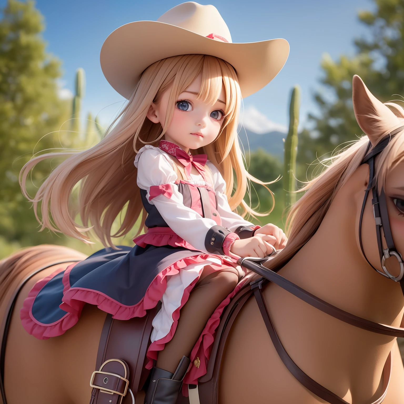 ((6year old girl:1.5)), complete anatomy, children's body, child, super cute, girl, little girl, random poses,random angles,
Old West cowgirl riding a horse in a desert with cactus,horse riding, cowboy hat,Accurate riding posture, riding leg position,
beautiful girl, 1 girl, loli, petite girl, top quality, masterpiece, high eyes,drooping eyes,(realism: 1.2)), petite, bangs, tall eyes, natural light,(aquamarine eyes),bangs, beautiful girl with fine details, Beautiful and delicate eyes, Beautiful girl, detailed face, Beautiful eyes, beautiful shining body, 8K images,