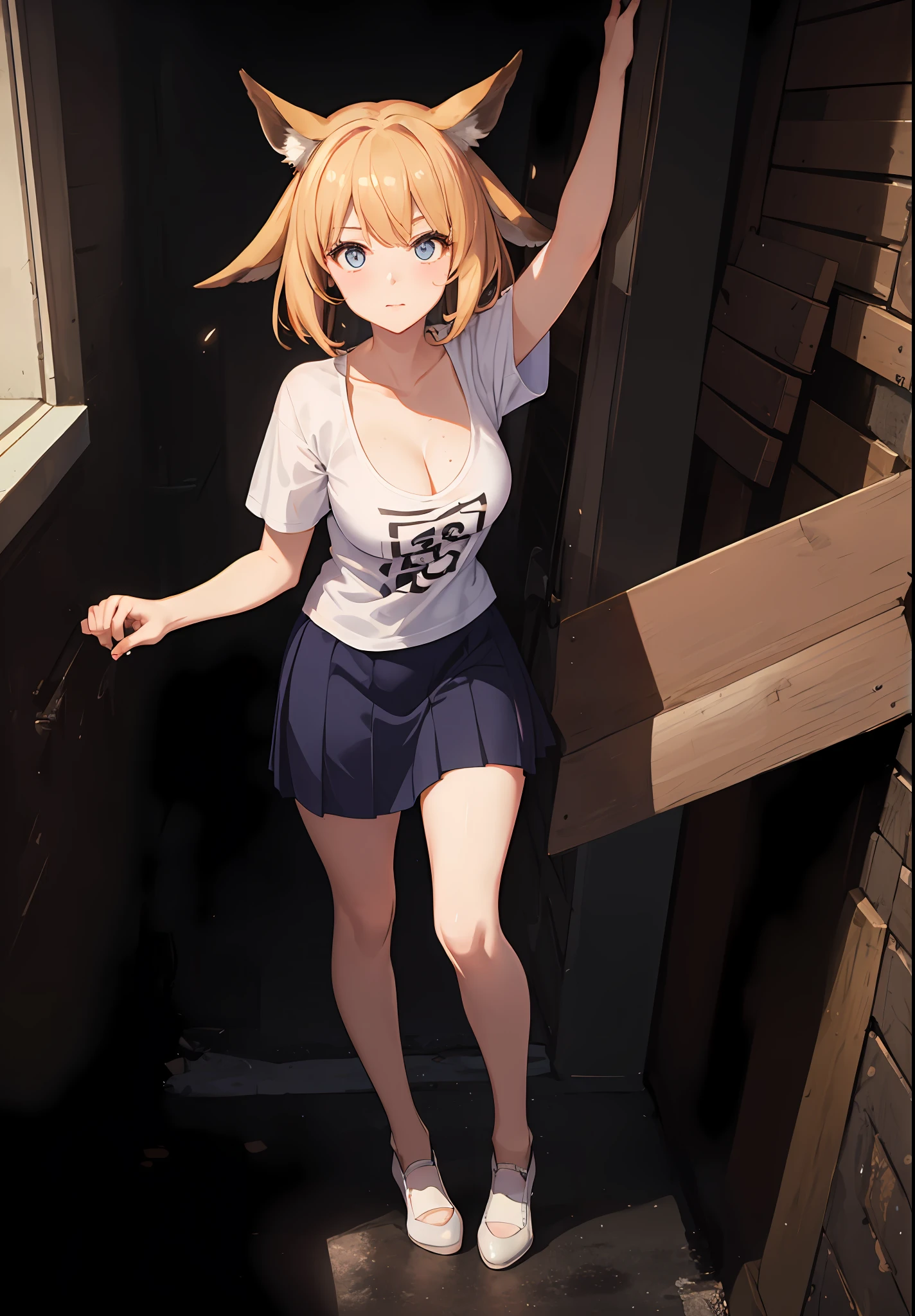 (Masterpiece, sidelights, beautiful eyes of detail: 1.2), (overhead view), dynamic angle, (full body), backlit, t-shirt, skirt, cleavage sweat blonde uma musume