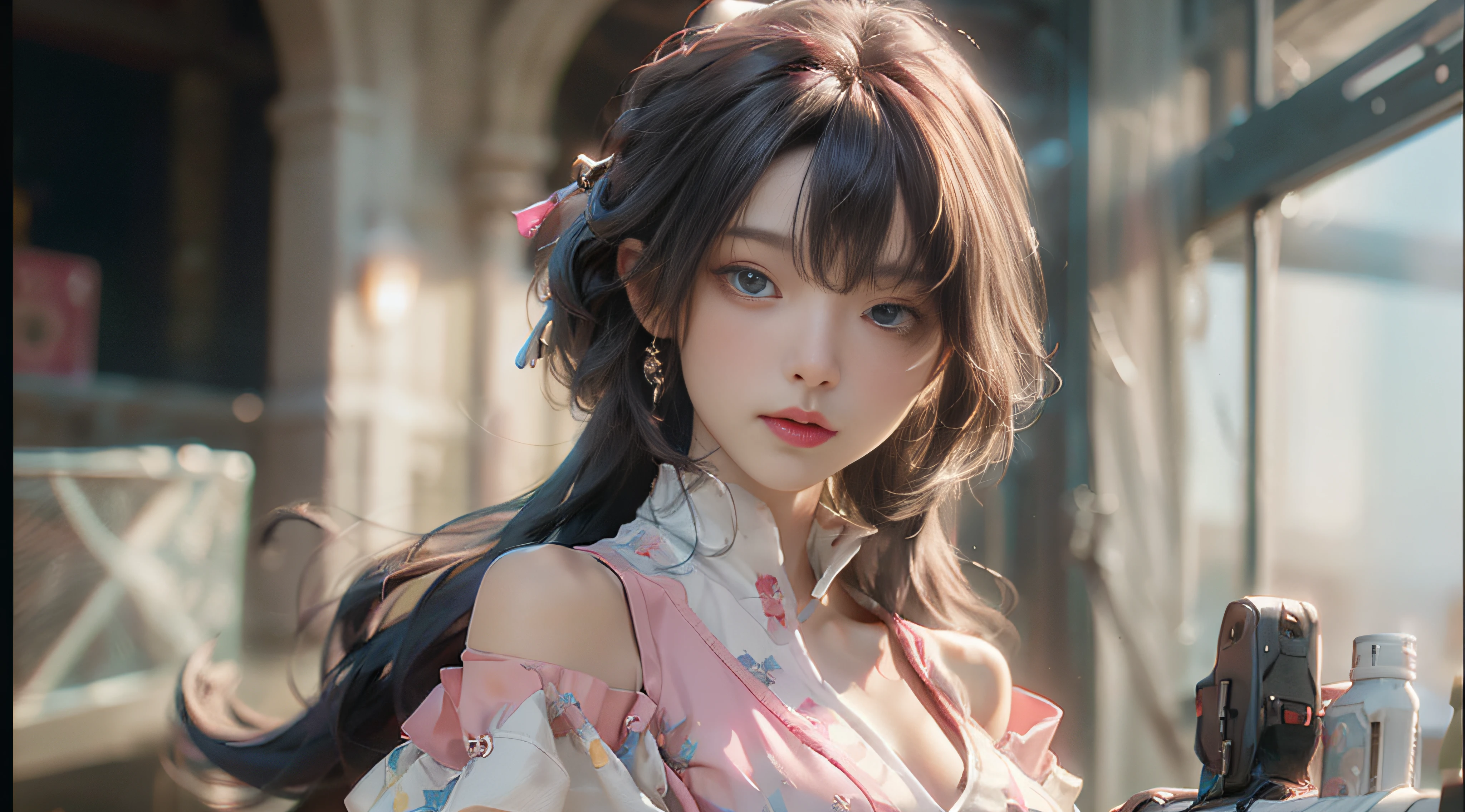 ((Best Quality)), ((Masterpiece)), (Detail: 1.4), 3D, Beautiful Cyberpunk Female Image, HDR (High Dynamic Range), Ray Tracing, NVIDIA RTX, Super Resolution, Unreal 5, Subsurface Scattering, PBR Texture, Post-Processing, Anisotropic Filtering, Depth of Field, Maximum Sharpness and Sharpness, Multi-layer Texture, Albedo and Highlight Mapping, Surface Coloring, Mitsu-Accurate Simulation of Material Interactions, Perfect Proportions, Octane Rendering, Two-color Light, Large Aperture, Low ISO, white balance, regular three-point, 8K RAW, beautiful bright pupils, off-the-shoulder clothes, fine pupils, delicate face and eyes, long eyelashes, blush, fluffy hair, pink lips, pure, cute, sweet girl, artistic sense, casual wear, high-end sense
