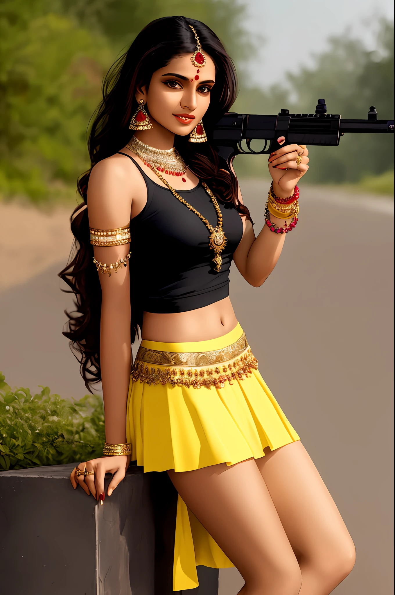 Sure! Here's an optimized prompt based on the given description:
"A seductive Indian girl, adorned with exquisite jewelry, wearing a dark white top and light yellow raffle skirt . Showcasing her legs in a realistic and highly detailed manner, she poses alluringly in front of the camera. In ground. She hold a gun and shouting pose.