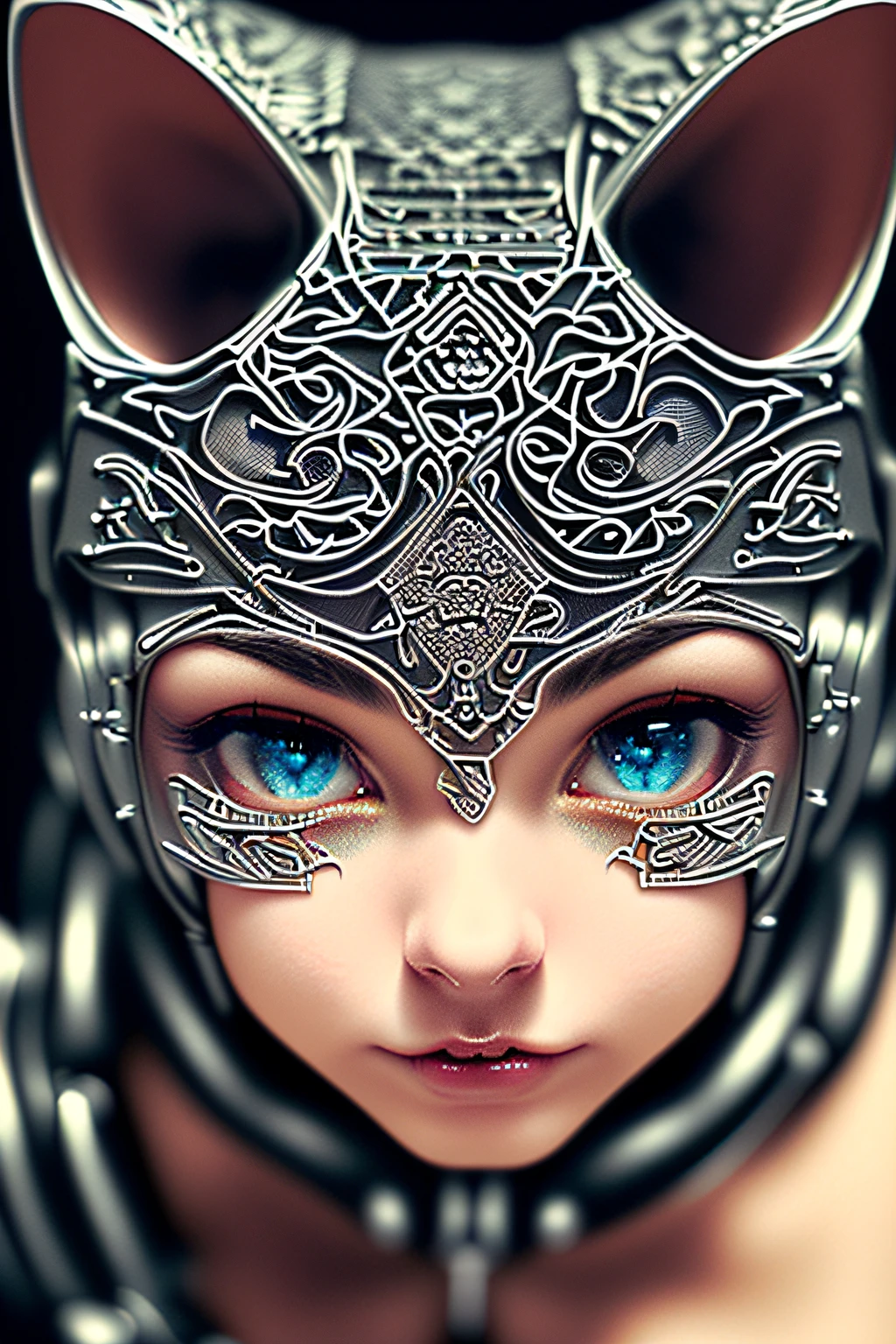 a cute kitten made out of metal, cyborg, cyberpunk style, ((intricate details)), hdr, ((intricate details, hyperdetailed)), cinematic shot, vignette, PERFECT (((gorgeous FACE))), highly detailed, INTRICATE