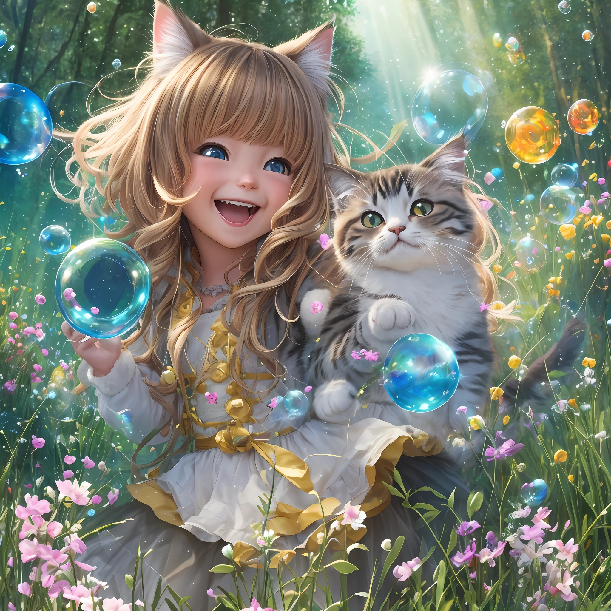 fluffy little cat, burst of laughter, idol, dancing, bubbles, meadow --auto --s2