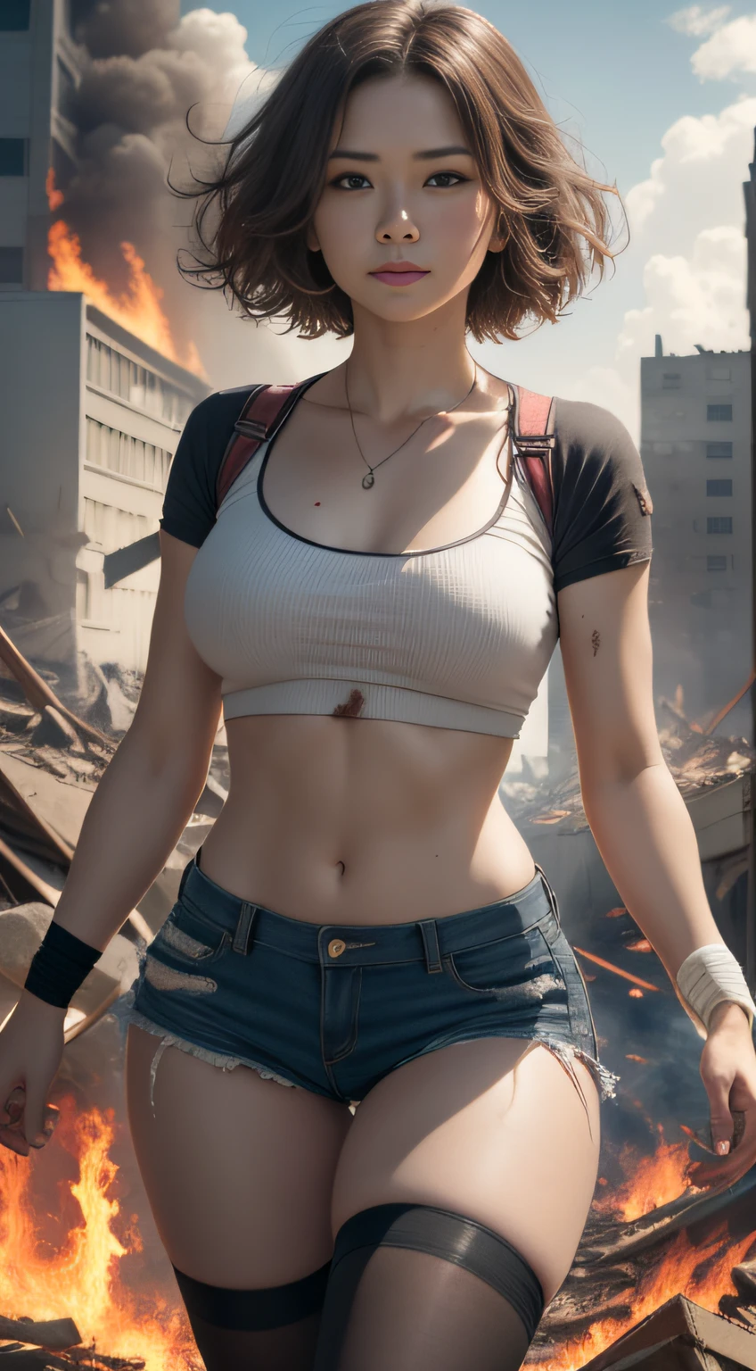 The heroine of the movie "GODZILLA Godzilla". She desperately flees from Godzilla in a devastated Los Angeles. Her hair is a mess, her T-shirt
is torn, her miniskirt is ripped, and she runs through the rubble. She wears dirty bandages on her thighs, her entire body covered in scars, Crumbling buildings, burning flames, white skin, smooth skin, stunningly beautiful face, detail, photorealistic, 8K.