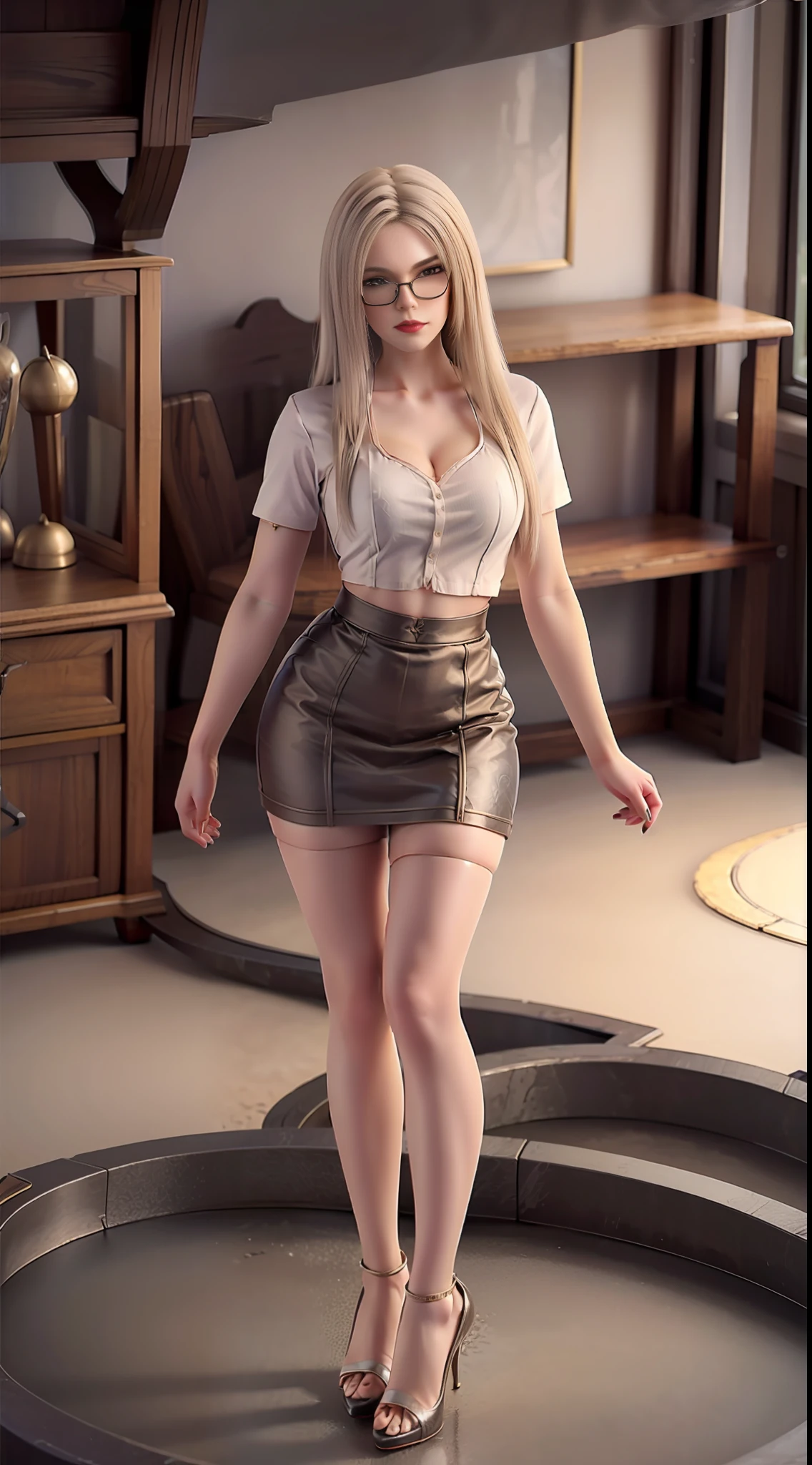 kaisha, ultra-high resolution, realistic, photorealistic, imagination, (realistic), composition, (HDR:1.5), professional wear, hip wrapped skirt, intricate details, glasses, long legs, high heels, full body, stockings, 8K, standing, red lip,