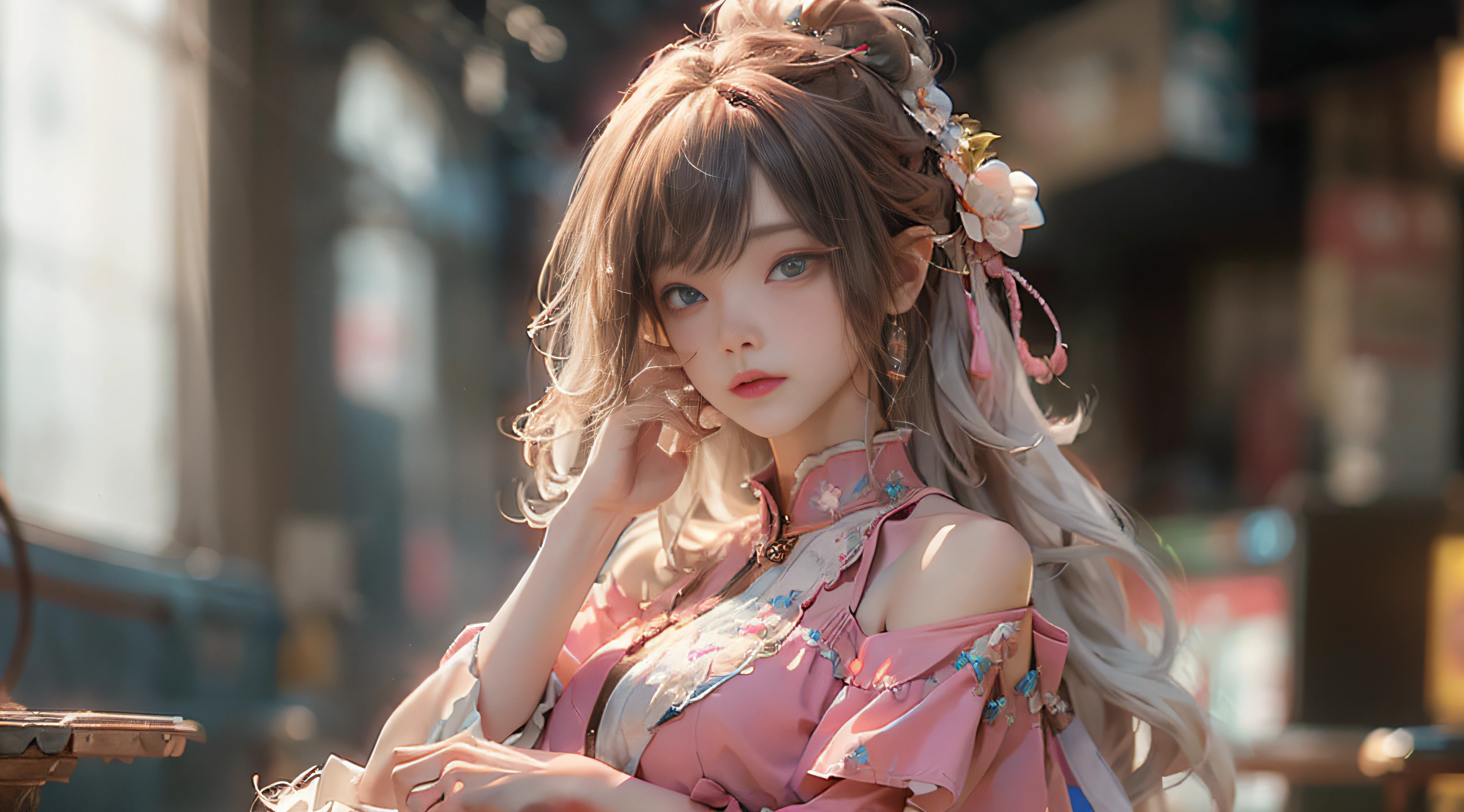 ((Best Quality)), ((Masterpiece)), (Detail: 1.4), 3D, Beautiful Cyberpunk Female Image, HDR (High Dynamic Range), Ray Tracing, NVIDIA RTX, Super Resolution, Unreal 5, Subsurface Scattering, PBR Texture, Post-Processing, Anisotropic Filtering, Depth of Field, Maximum Sharpness and Sharpness, Multi-layer Texture, Albedo and Highlight Mapping, Surface Coloring, Mitsu-Accurate Simulation of Material Interactions, Perfect Proportions, Octane Rendering, Two-color Light, Large Aperture, Low ISO, white balance, regular three-point, 8K RAW, beautiful bright pupils, off-the-shoulder clothes, fine pupils, delicate face and eyes, long eyelashes, blush, delicate and fluffy hair, pink lips, pure, cute, sweet girl, artistic sense, casual wear, high-end sense