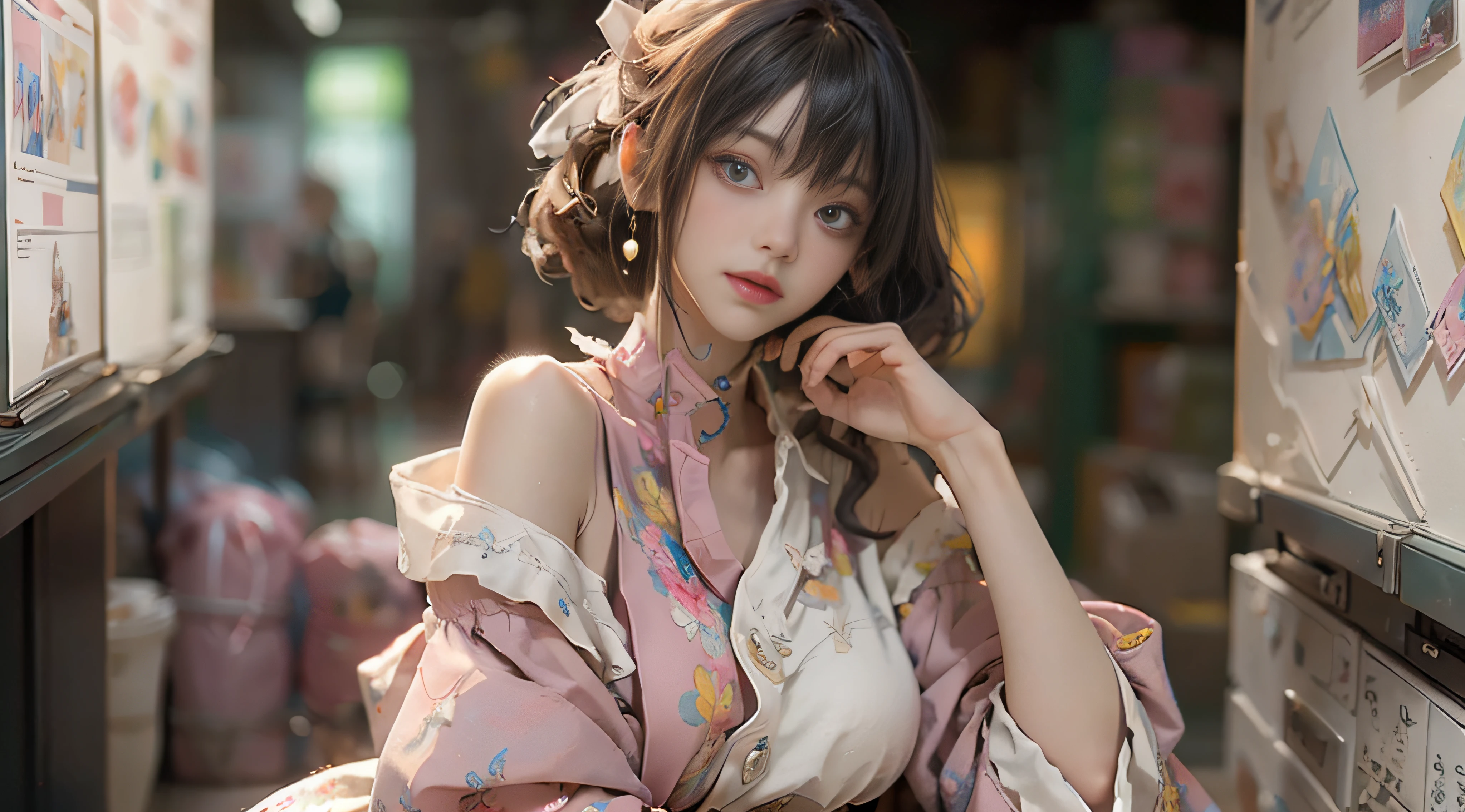 ((Best Quality)), ((Masterpiece)), (Detail: 1.4), 3D, Beautiful Cyberpunk Female Image, HDR (High Dynamic Range), Ray Tracing, NVIDIA RTX, Super Resolution, Unreal 5, Subsurface Scattering, PBR Texture, Post-Processing, Anisotropic Filtering, Depth of Field, Maximum Sharpness and Sharpness, Multi-layer Texture, Albedo and Highlight Mapping, Surface Coloring, Mitsu-Accurate Simulation of Material Interactions, Perfect Proportions, Octane Rendering, Two-color Light, Large Aperture, Low ISO, white balance, regular three-point, 8K RAW, beautiful bright pupils, off-the-shoulder clothes, fine pupils, delicate face and eyes, long eyelashes, blush, delicate and fluffy hair, pink lips, pure, cute, sweet girl, artistic sense, casual wear, high-end sense