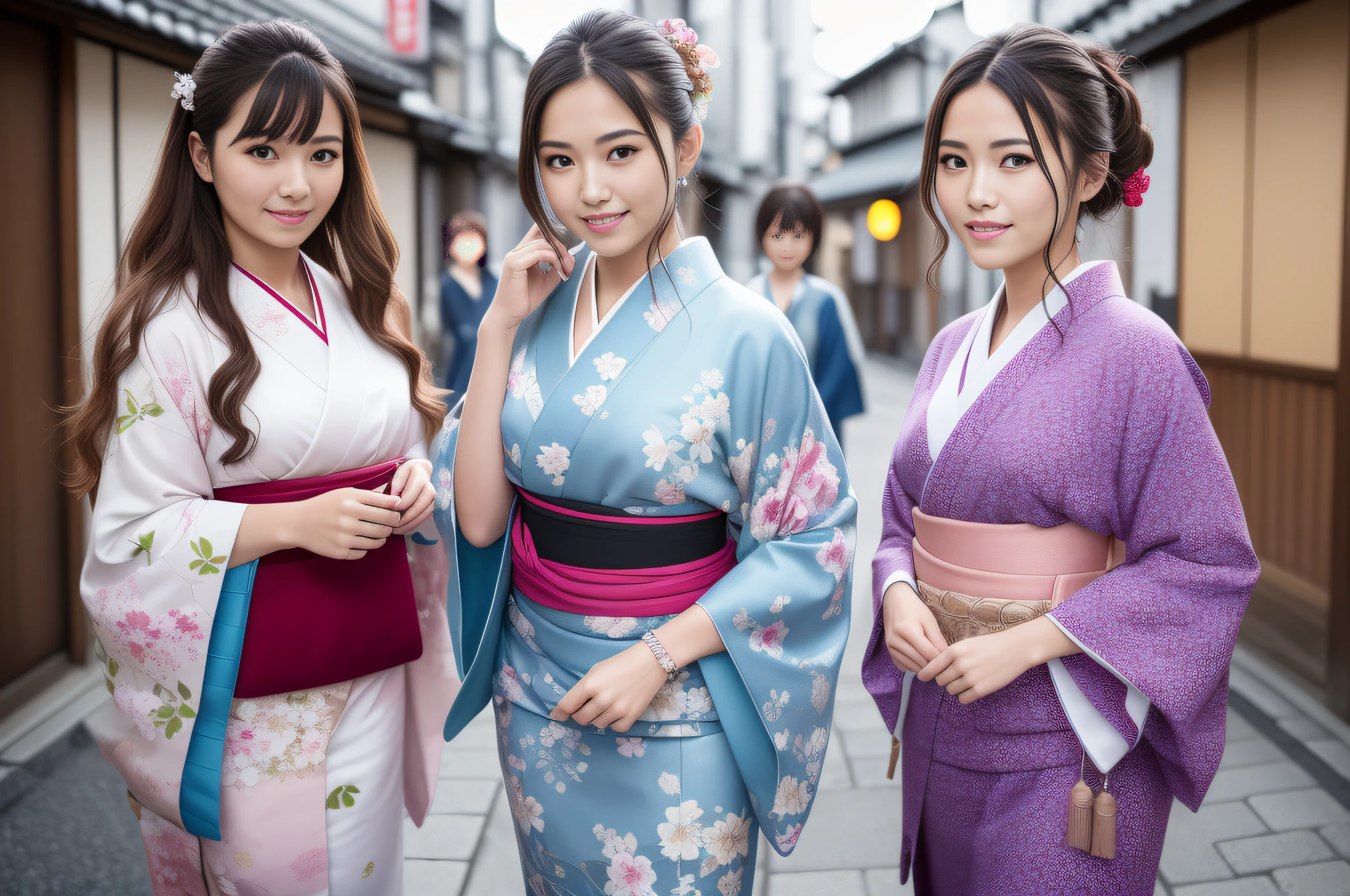 (8k, RAW photo, top quality, masterpiece: 1.2), (realistic, photorealistic), super detail, super high resolution, 3 girls, beautiful detailed face, smile, constriction, slim waist, kimono, furisode, beautiful detailed skin, skin texture, professional lighting, walking outside, in the city, Japan people, kyoto, chatting, laughing