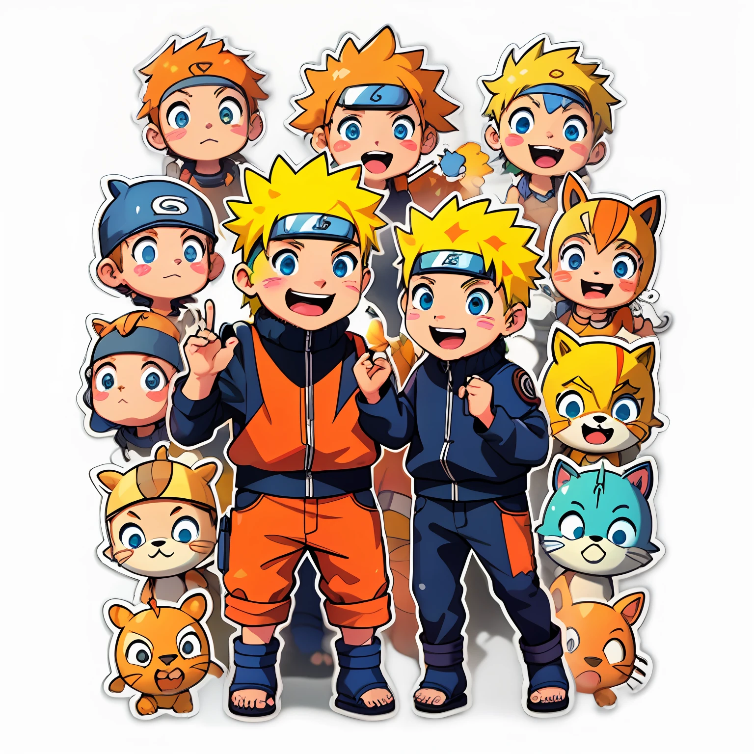 1 sticker, hand account, (sticker, Naruto Uzumaki, Q version, laughter, cheerful), white background, simple background, pastel color, vector style, no gradient,