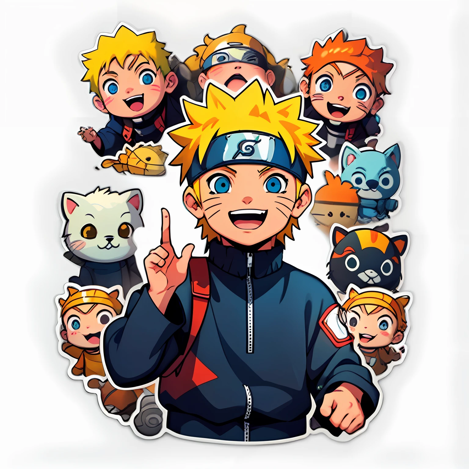 1 sticker, hand account, (sticker, a boy, Naruto Uzumaki, Q version, laughter, cheerful), white background, simple background, pastel color, vector style, no gradient,