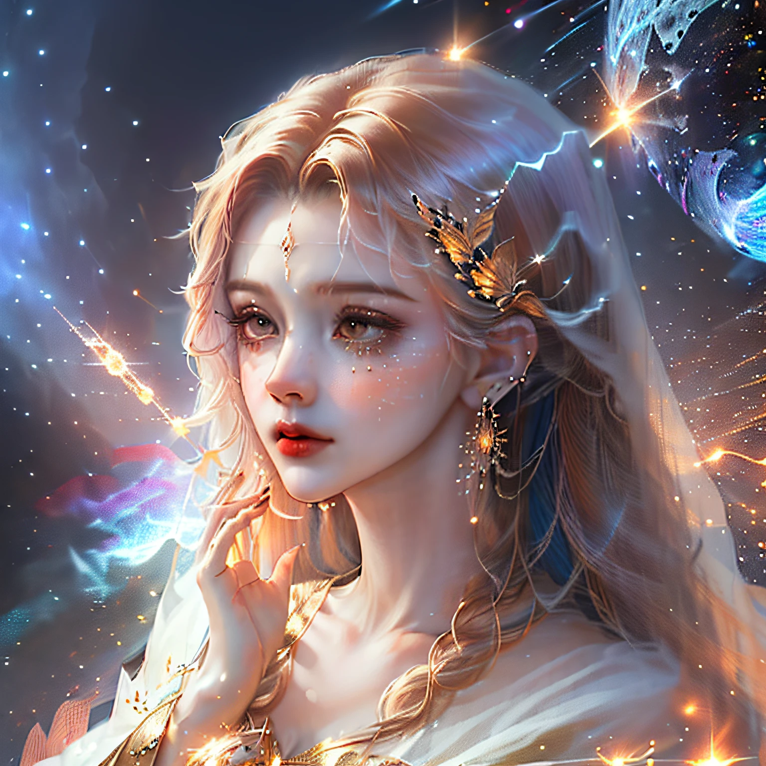(masterpiece, top quality, best quality, official art, beautiful and aesthetic:1.2), (1girl), extreme detailed, (fractal art:1.3), colorful, highest detailed, perfect face, upper body, HDR, (praying:1.3), (white cloak golden lines:1.2), galaxy, (light streaks), striking visuals, (dynamic streaks, luminous trails:1.2), vibrant colors,