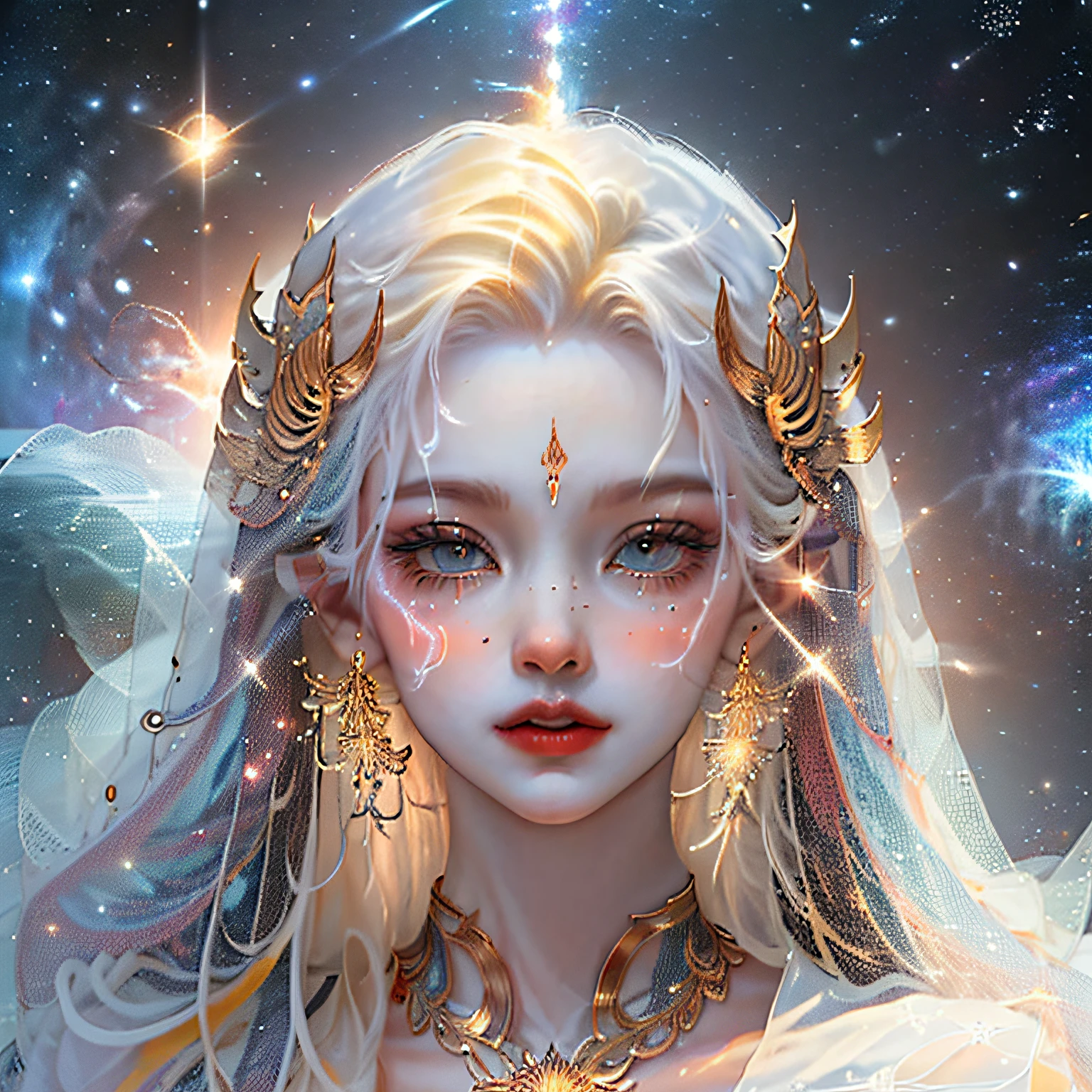 (masterpiece, top quality, best quality, official art, beautiful and aesthetic:1.2), (1girl), extreme detailed, (fractal art:1.3), colorful, highest detailed, perfect face, upper body, HDR, (praying:1.3), (white cloak golden lines:1.2), galaxy, (light streaks), striking visuals, (dynamic streaks, luminous trails:1.2), vibrant colors,