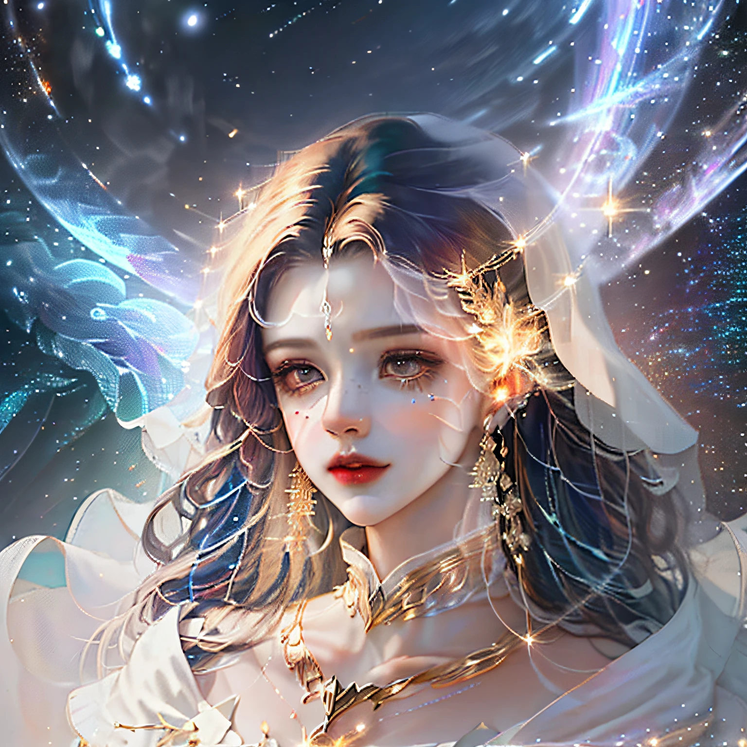 (masterpiece, top quality, best quality, official art, beautiful and aesthetic:1.2), (1girl), extreme detailed, (fractal art:1.3), colorful, highest detailed, perfect face, upper body, HDR, (praying:1.3), (white cloak golden lines:1.2), galaxy, (light streaks), striking visuals, (dynamic streaks, luminous trails:1.2), vibrant colors,