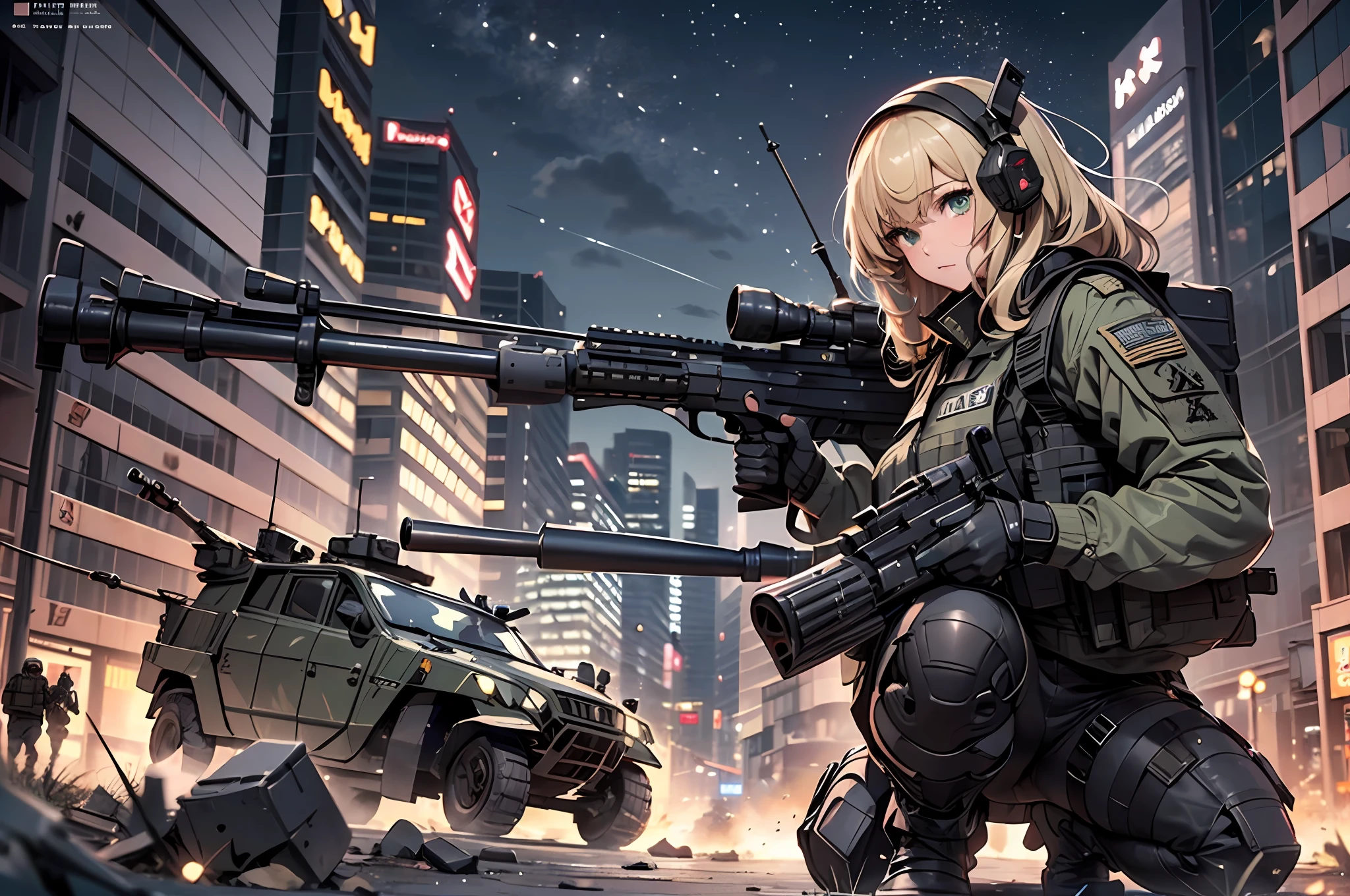 {{Masterpiece, top quality, highly detailed CG, 16K, movie lighting, lens flare}}, (1 girl soldier sniping a huge military robot with a large rifle), (black combat uniform), wide view, thick body, Photorealism: 1.4, long blonde hair, green eyes, have multiple weapons, aiming accuracy 1.4, anti-tank gun, direct light, on rubble, 35mm depth of field, f/1.8, night footage, (((Special Forces SWAT in combat Shinjuku at night)), (sniping with a large rifle), from side, HDR, hyper detailed, giant robot wreckage, (wide angle lens), after-findings